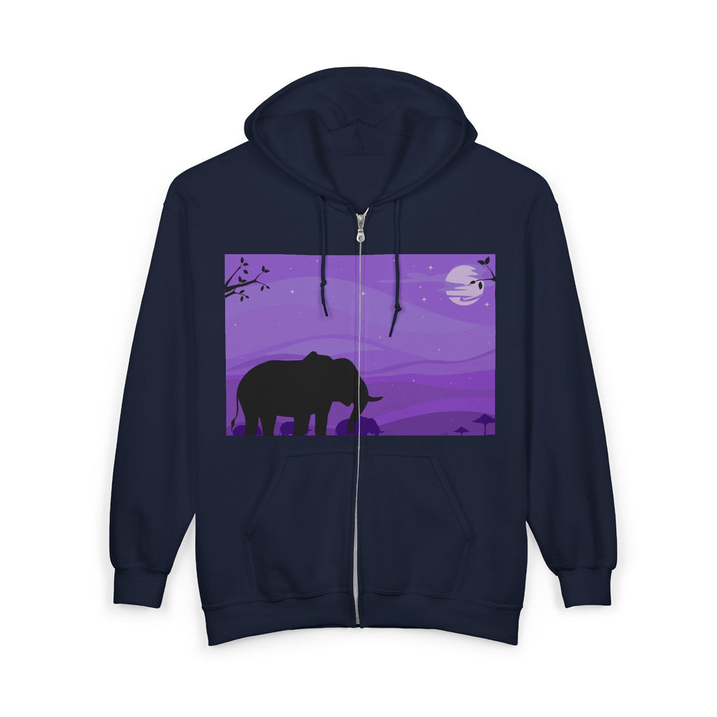 Elephant Sunset Zip Hoodie — Purple Safari Silhouette Full-Zip Sweatshirt