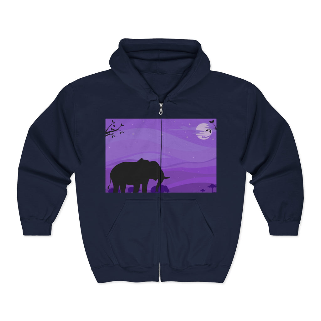 Elephant Sunset Zip Hoodie — Purple Safari Silhouette Full-Zip Sweatshirt