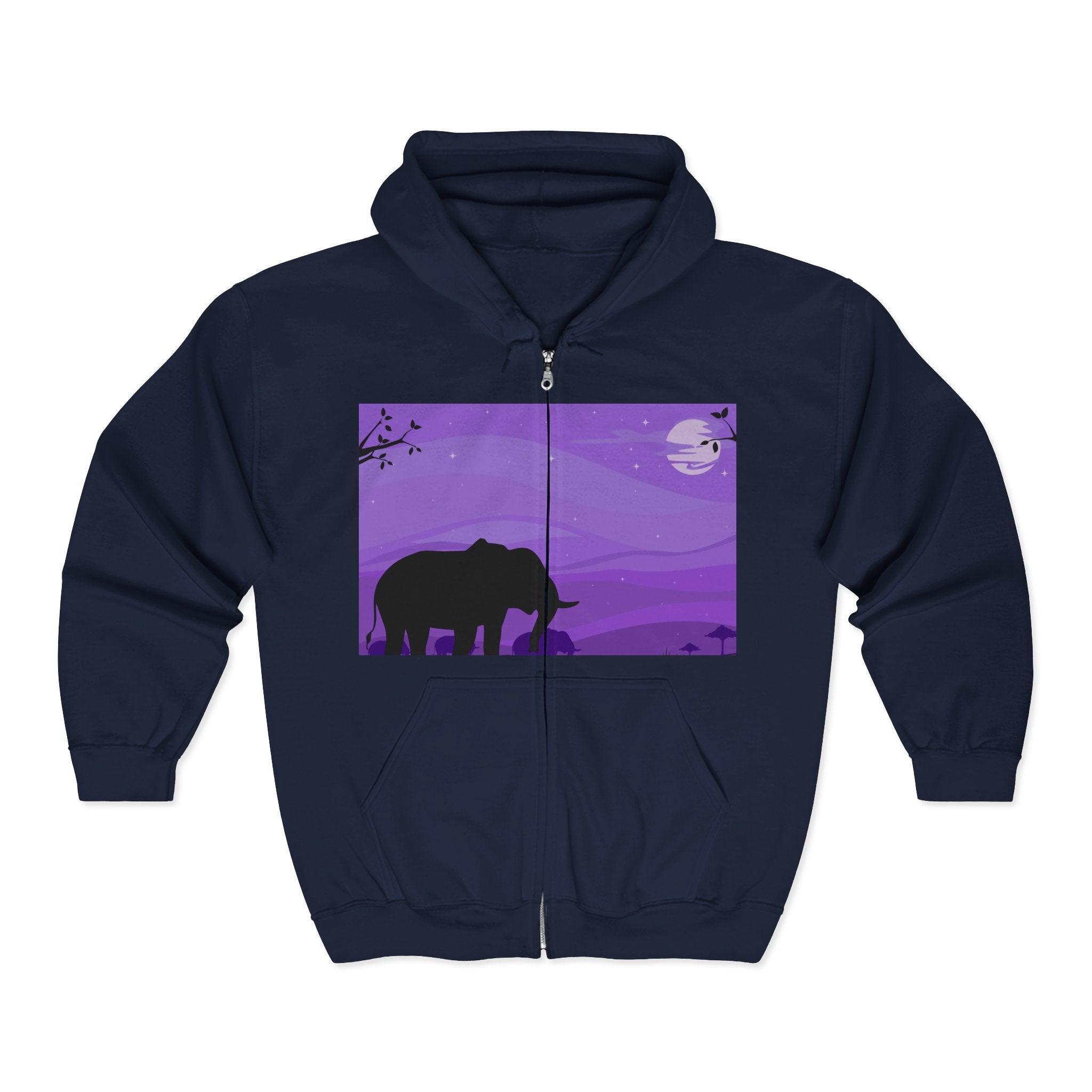 Elephant Sunset Zip Hoodie — Purple Safari Silhouette Full-Zip Sweatshirt