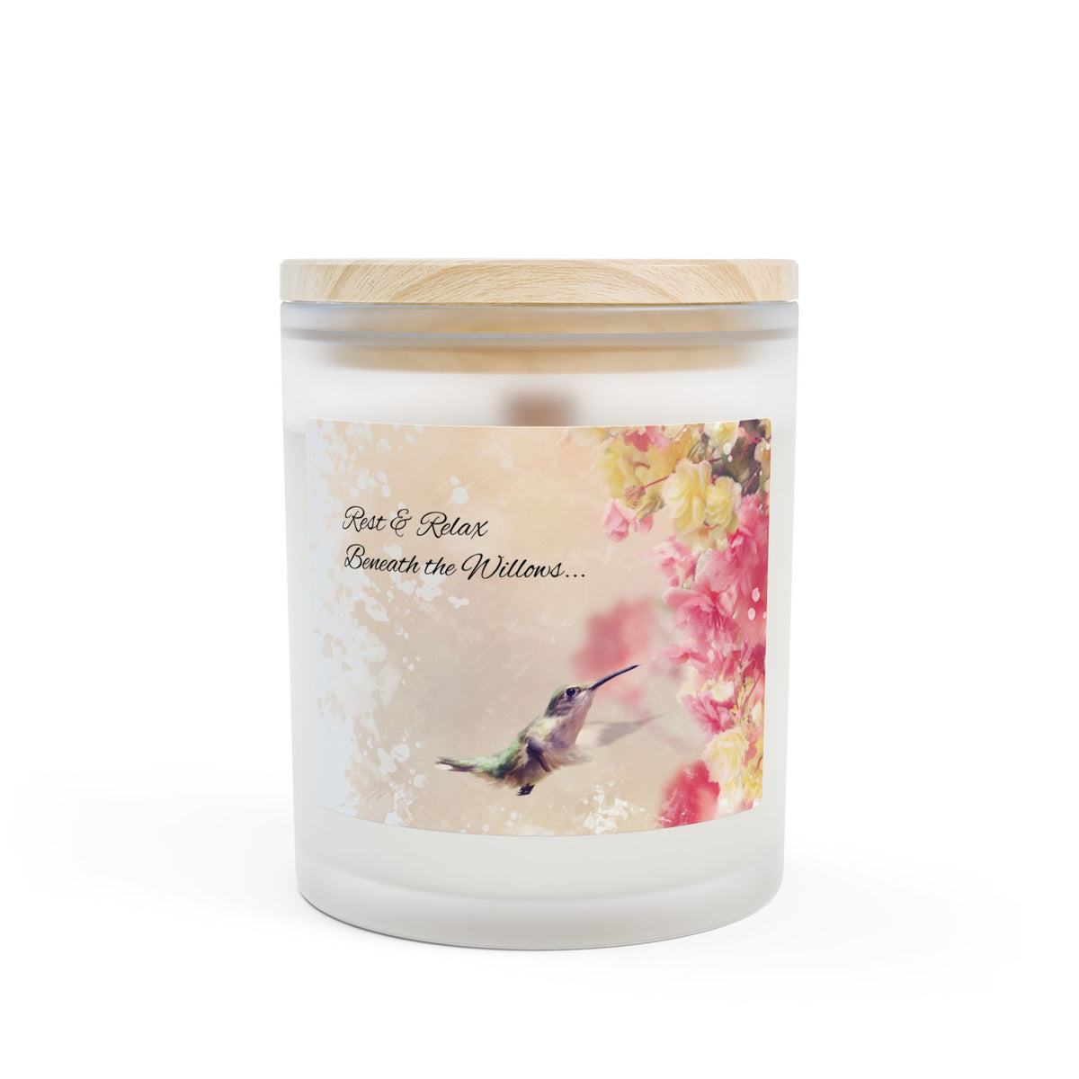 Relaxing Hummingbird Frosted Glass Candle — 11oz “Rest & Relax Beneath the Wisteria”
