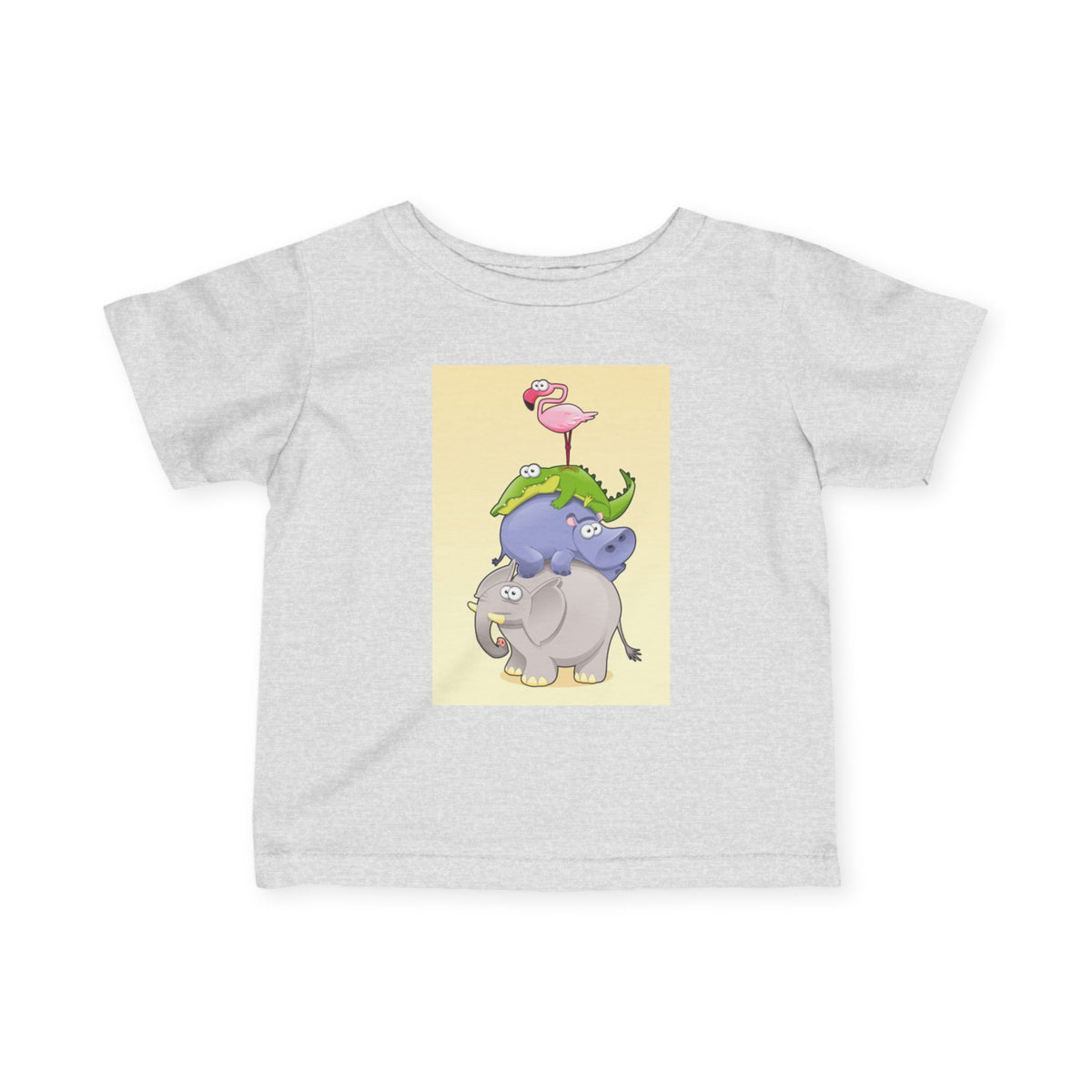 Infant Tee — Cute Stacked Safari Animals Baby Shirt (Elephant, Hippo, Crocodile, Flamingo)