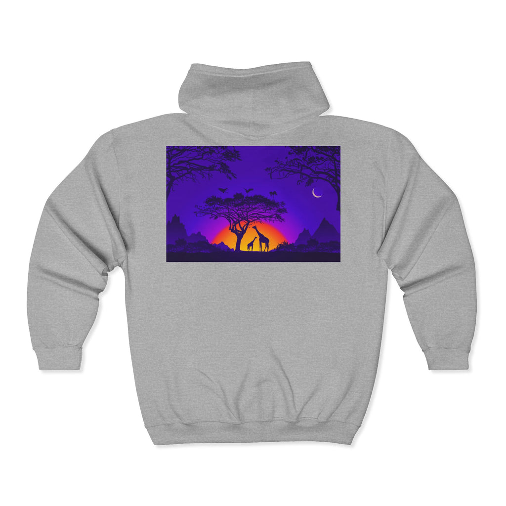 Elephant Sunset Zip Hoodie — Purple Safari Silhouette Full-Zip Sweatshirt