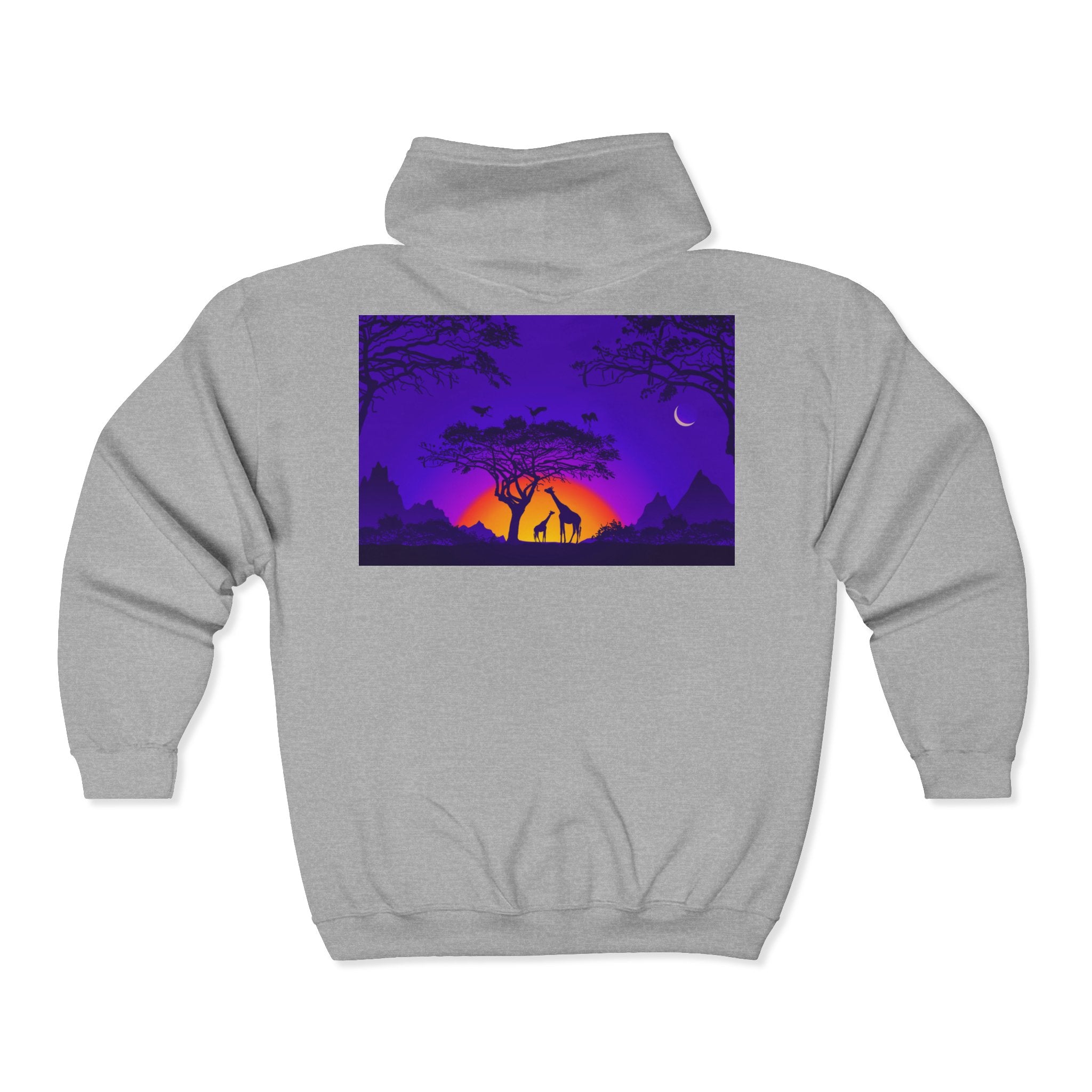 Elephant Sunset Zip Hoodie — Purple Safari Silhouette Full-Zip Sweatshirt