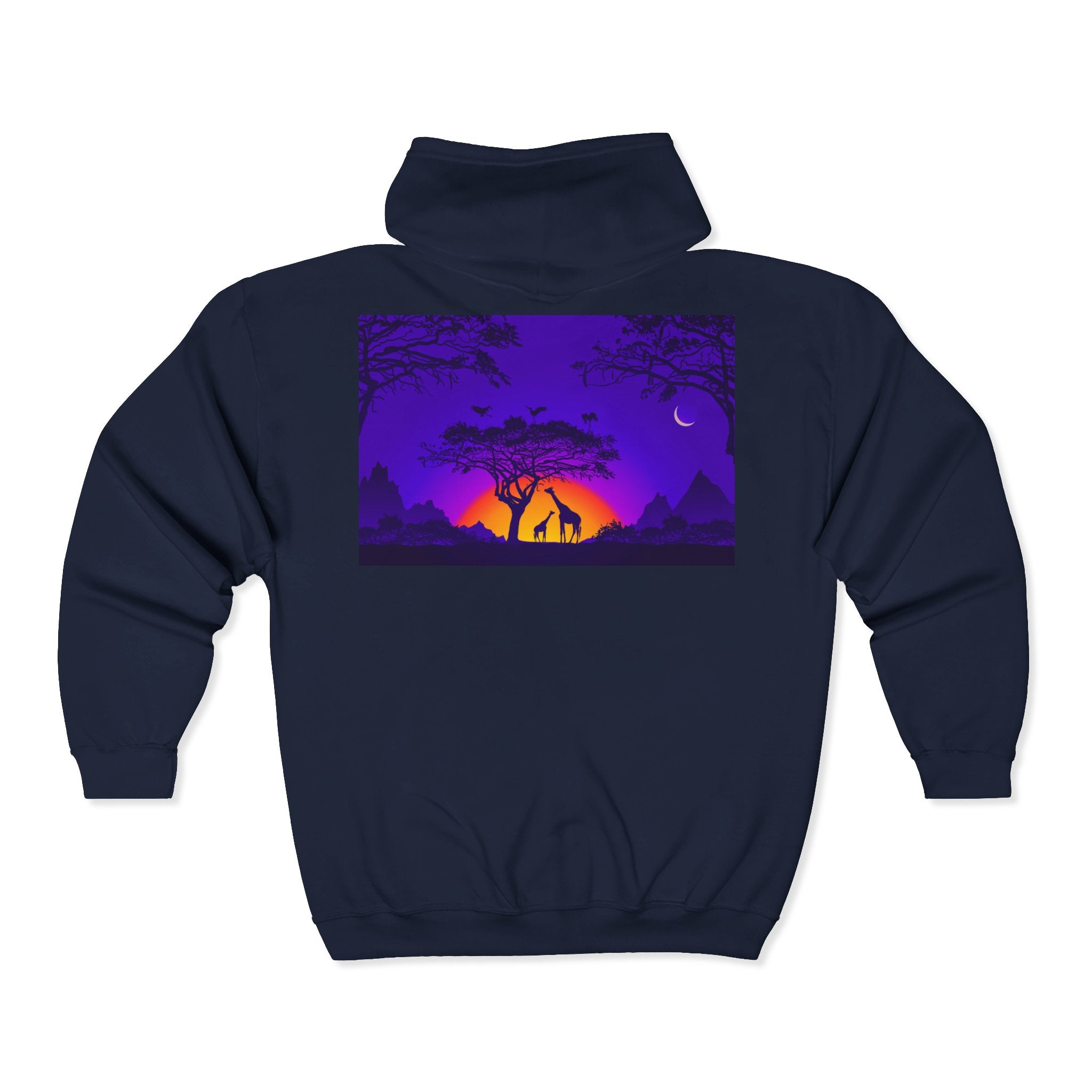 Elephant Sunset Zip Hoodie — Purple Safari Silhouette Full-Zip Sweatshirt