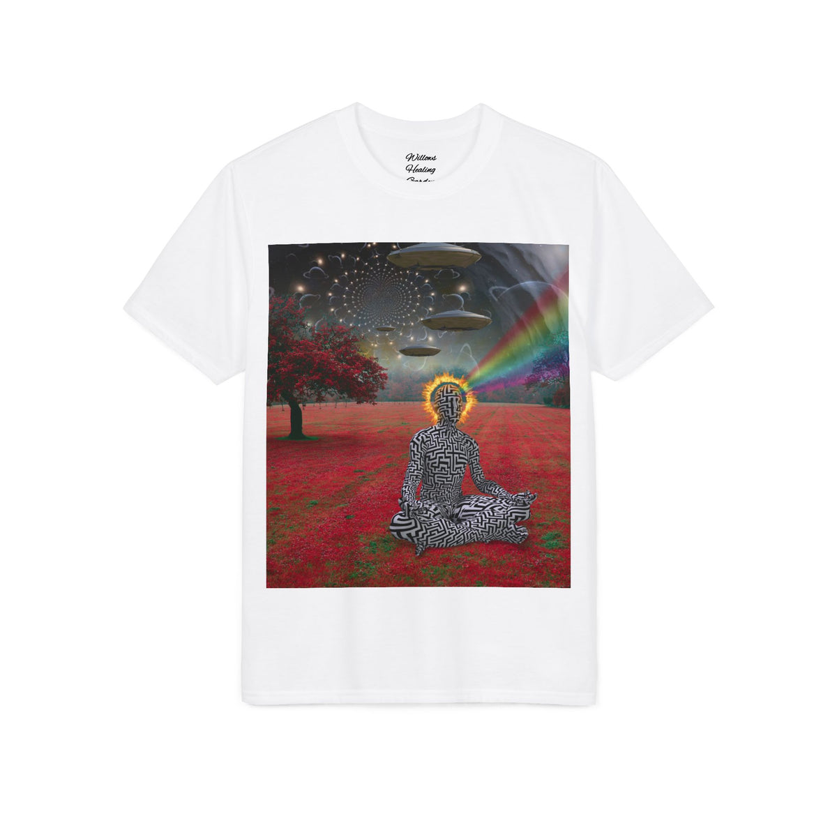 Meditative Buddha UFO T-Shirt — Psychedelic Zen Landscape Tee