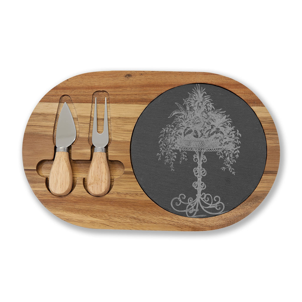 Engraved Acacia Charcuterie Board with Slate Inlay & Cheese Tools — Elegant Tree Design
