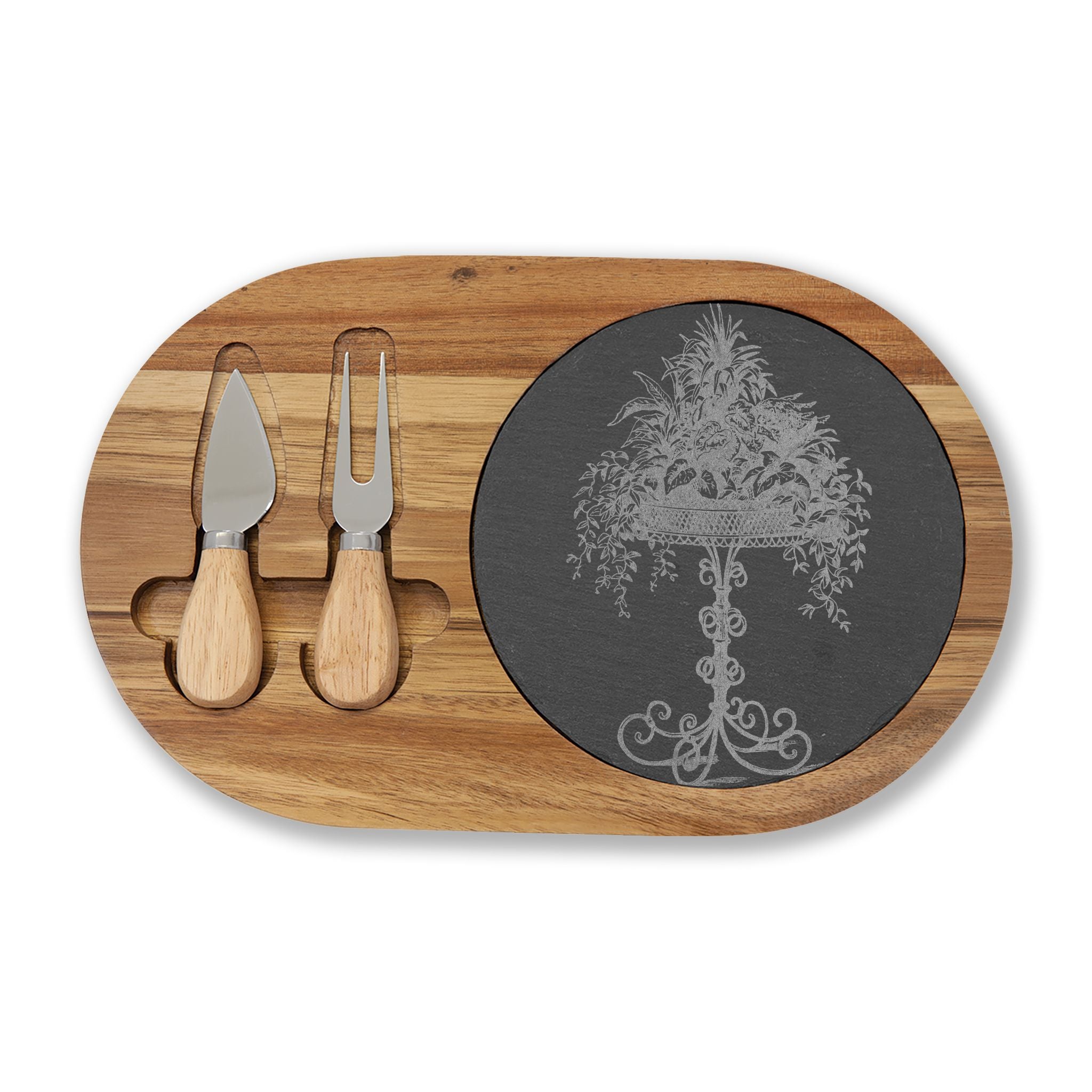 Engraved Acacia Charcuterie Board with Slate Inlay & Cheese Tools — Elegant Tree Design