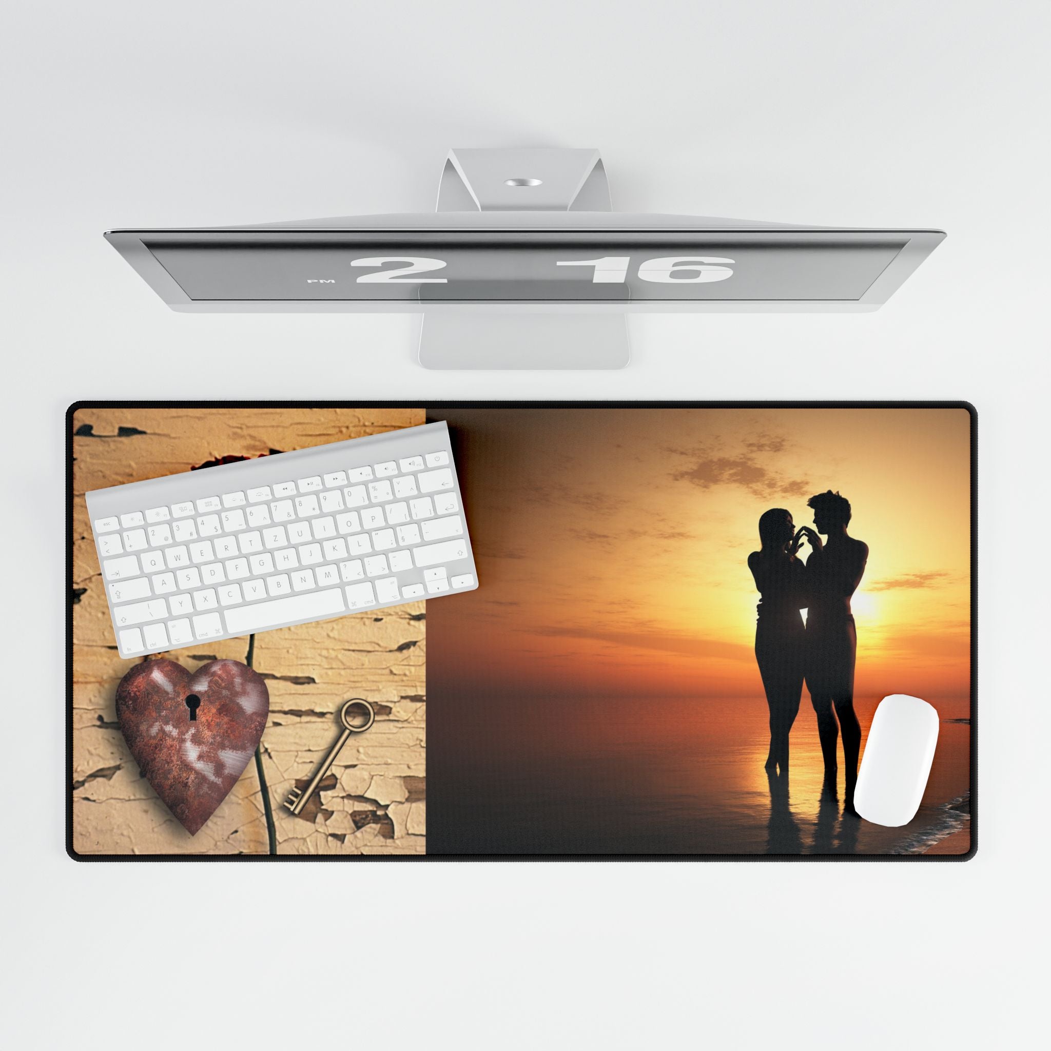 Romantic Sunset Desk Mat — Couple Silhouette & Rose Love Mouse Pad