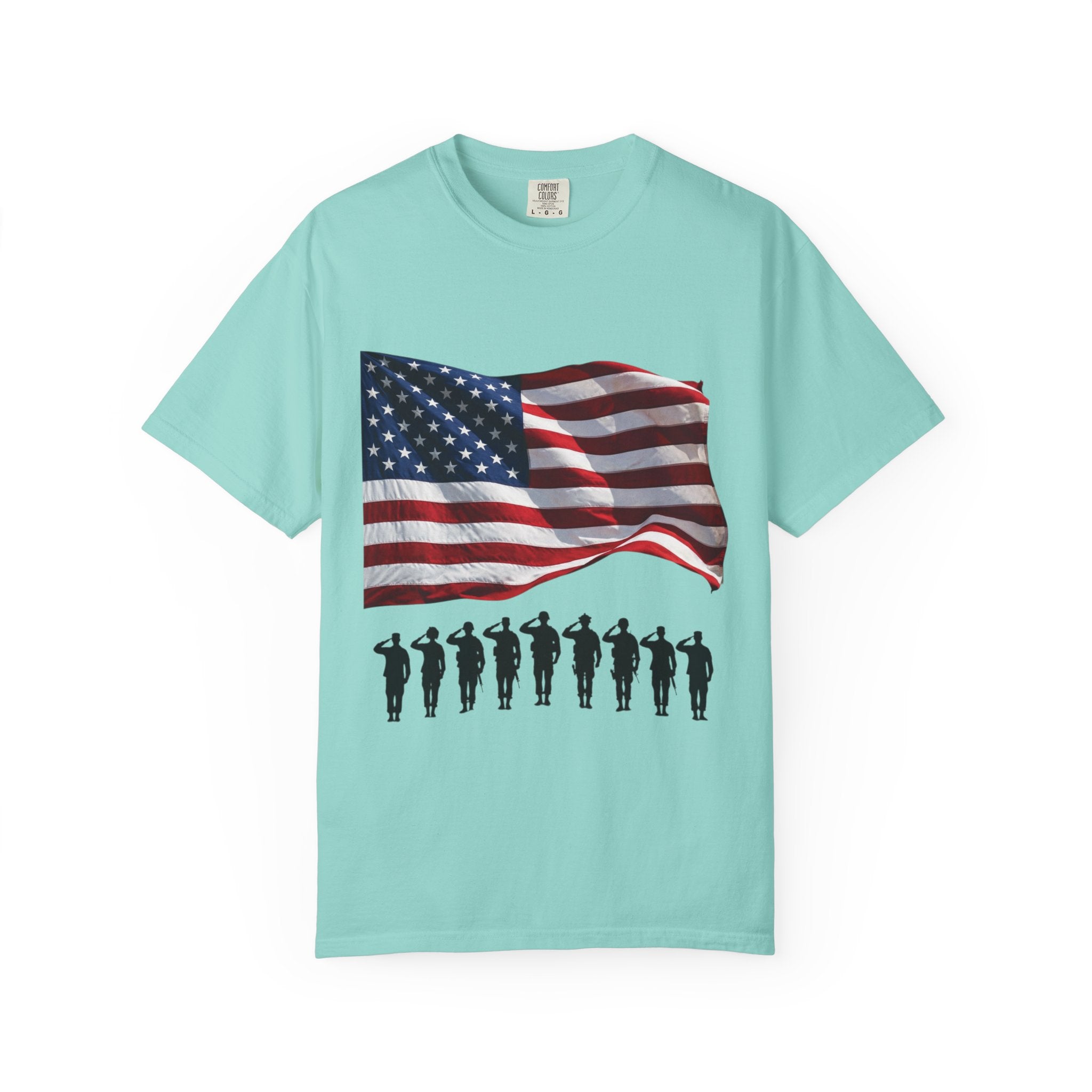 T-Shirt - American Flag with Saluting Soldiers | "Welcome Home!" Military Reunion Tee
