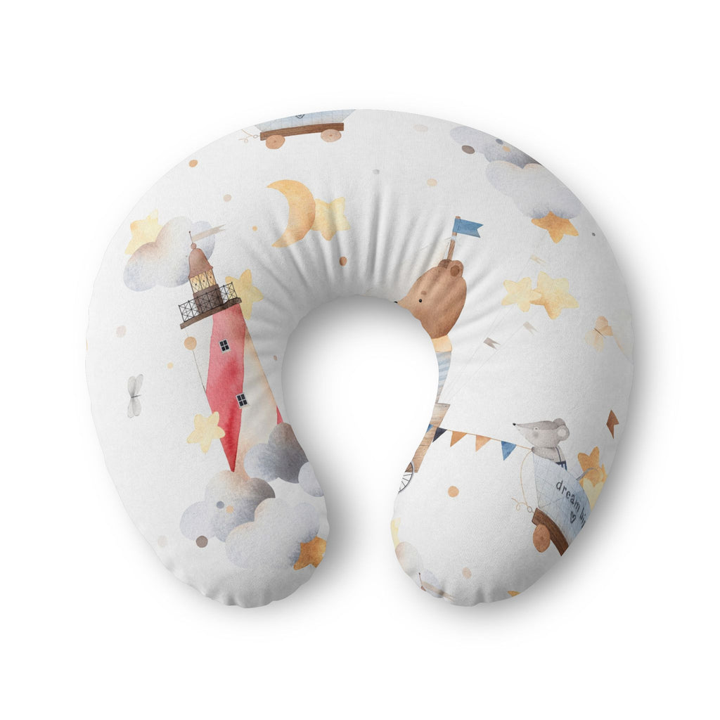 Nursing Pillow Cover — Soft Watercolor Nursery Print (Lighthouses, Boats & Dreamy Clouds)