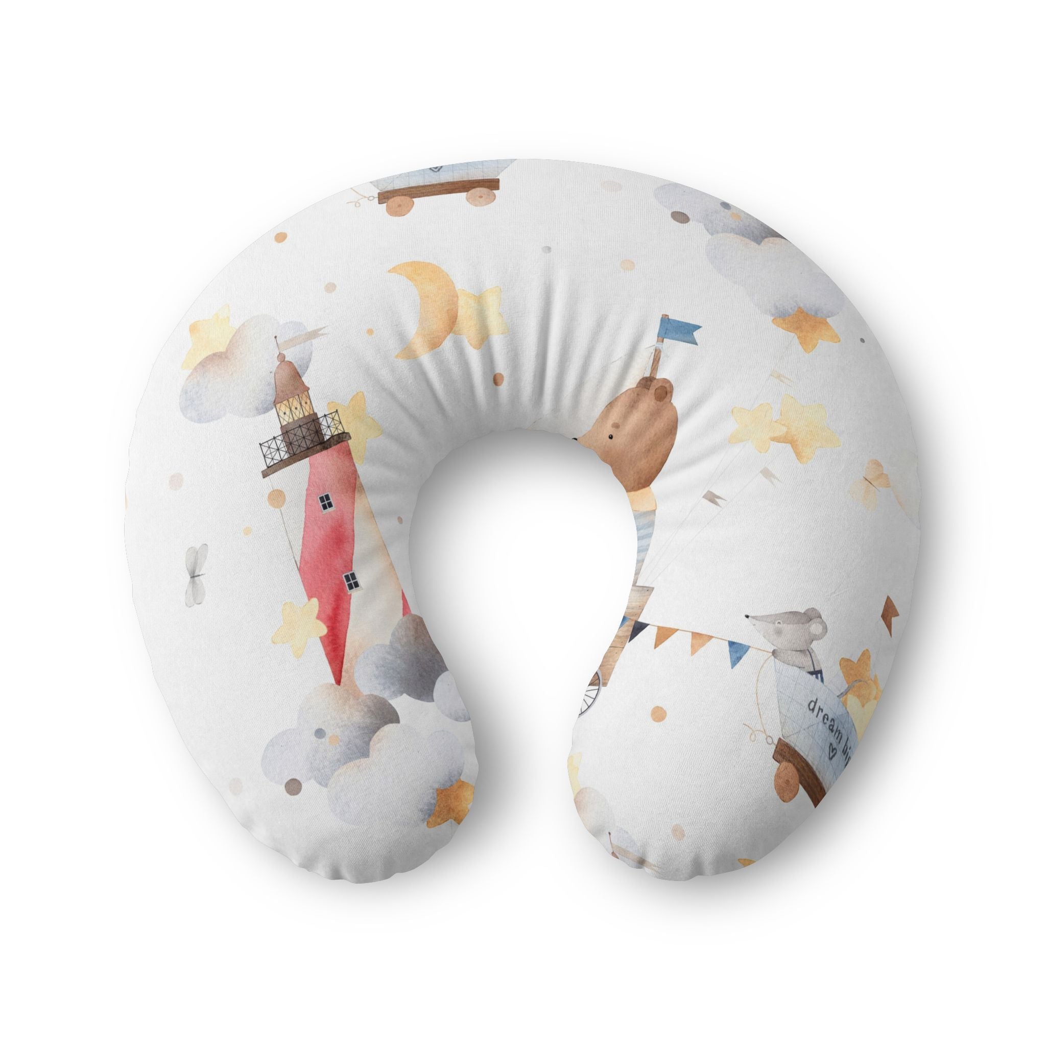 Nursing Pillow Cover — Soft Watercolor Nursery Print (Lighthouses, Boats & Dreamy Clouds)