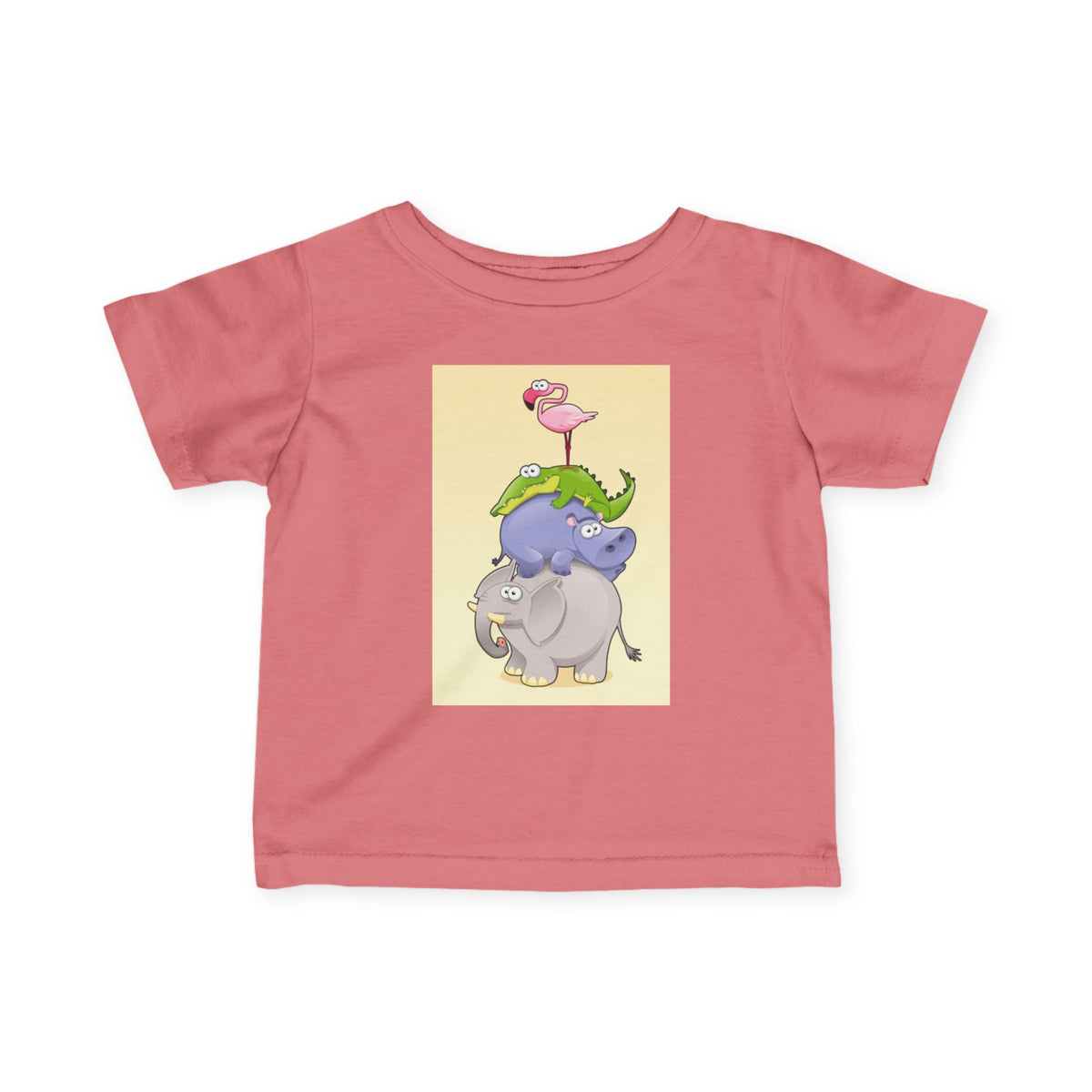 Infant Tee — Cute Stacked Safari Animals Baby Shirt (Elephant, Hippo, Crocodile, Flamingo)