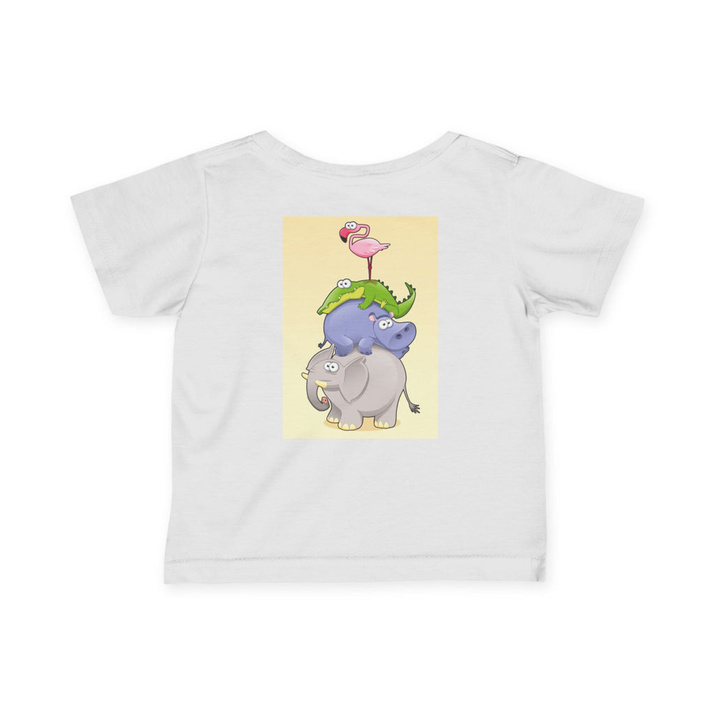 Infant Tee — Cute Stacked Safari Animals Baby Shirt (Elephant, Hippo, Crocodile, Flamingo)