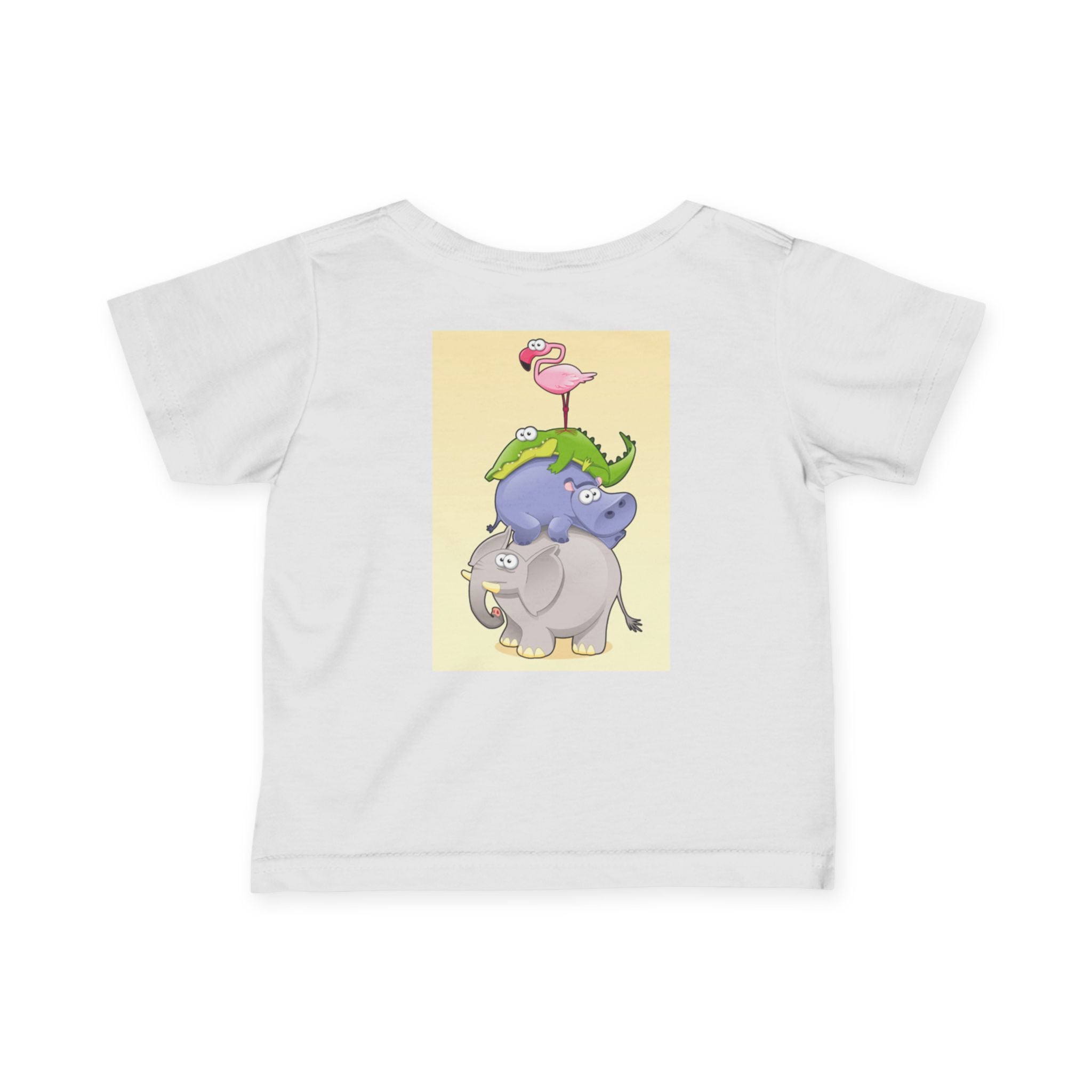 Infant Tee — Cute Stacked Safari Animals Baby Shirt (Elephant, Hippo, Crocodile, Flamingo)