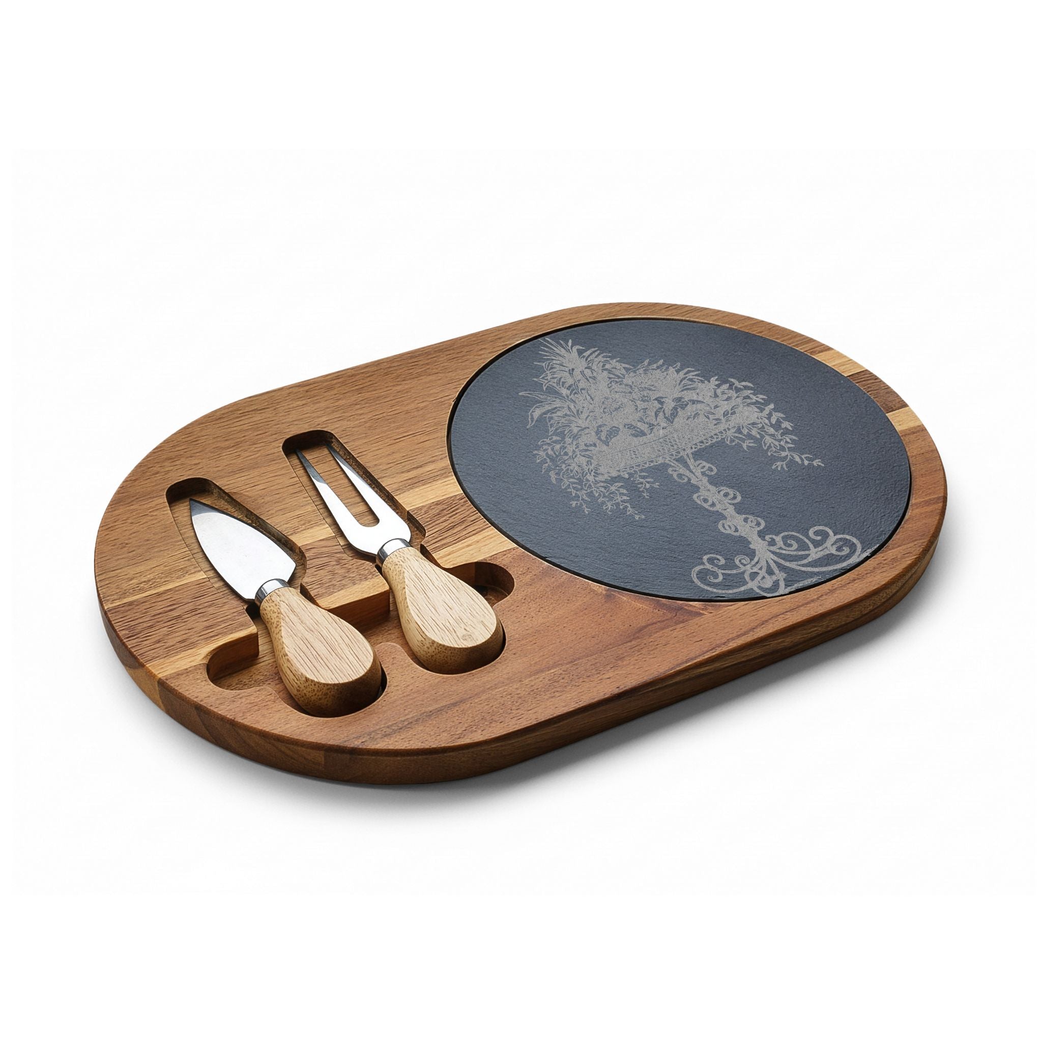 Engraved Acacia Charcuterie Board with Slate Inlay & Cheese Tools — Elegant Tree Design