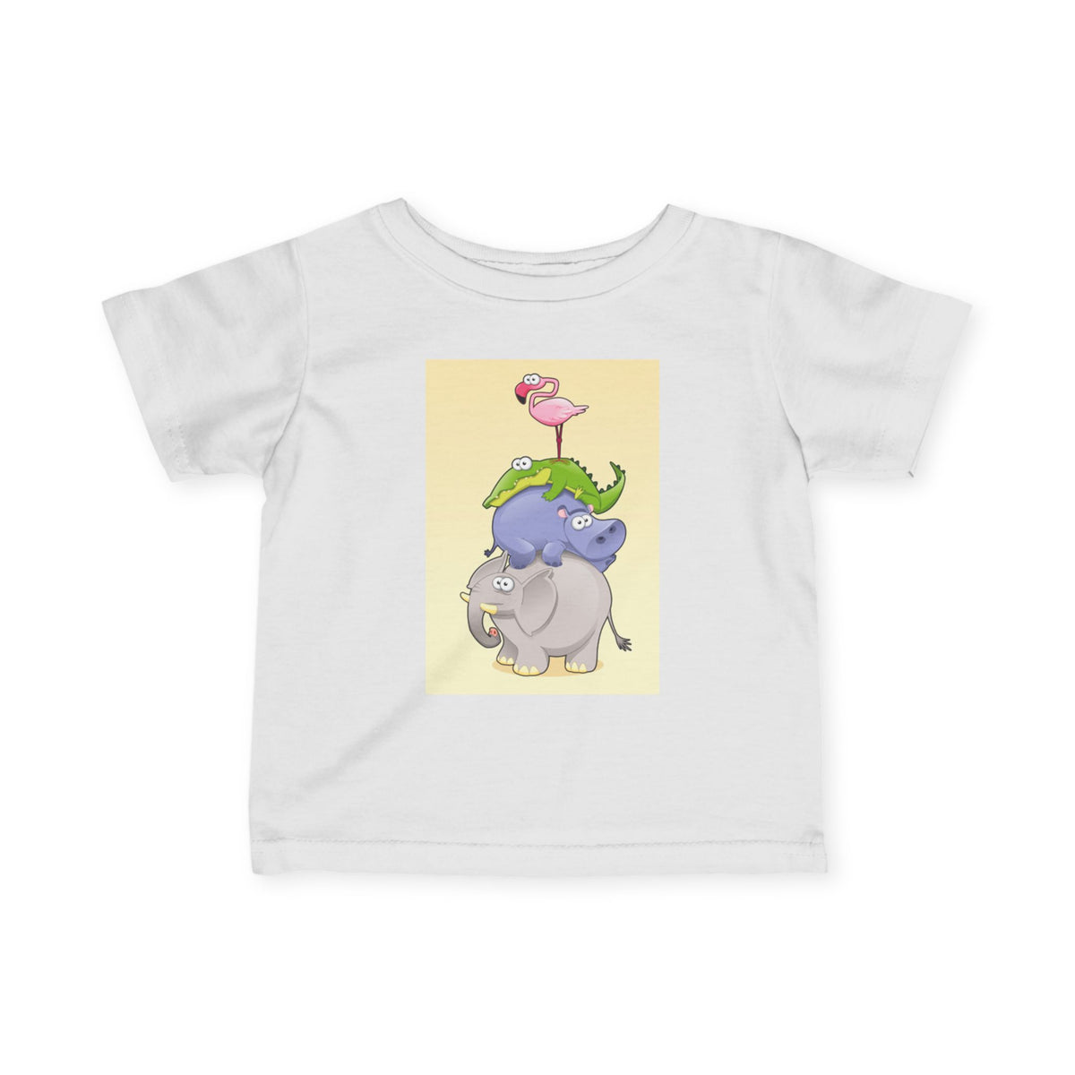 Infant Tee — Cute Stacked Safari Animals Baby Shirt (Elephant, Hippo, Crocodile, Flamingo)