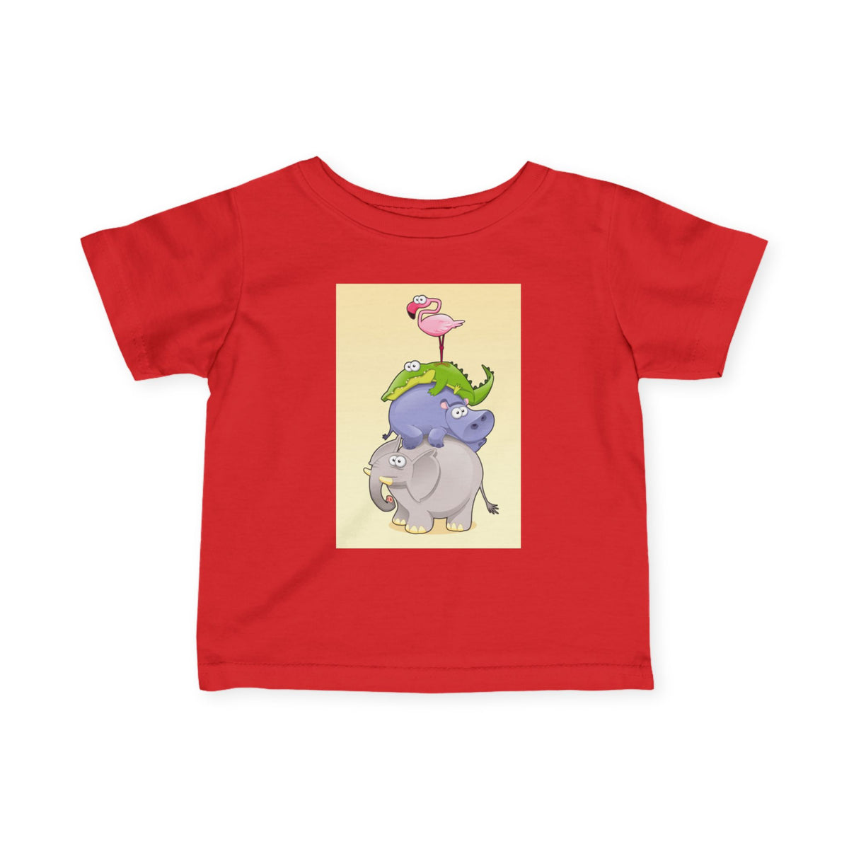 Infant Tee — Cute Stacked Safari Animals Baby Shirt (Elephant, Hippo, Crocodile, Flamingo)