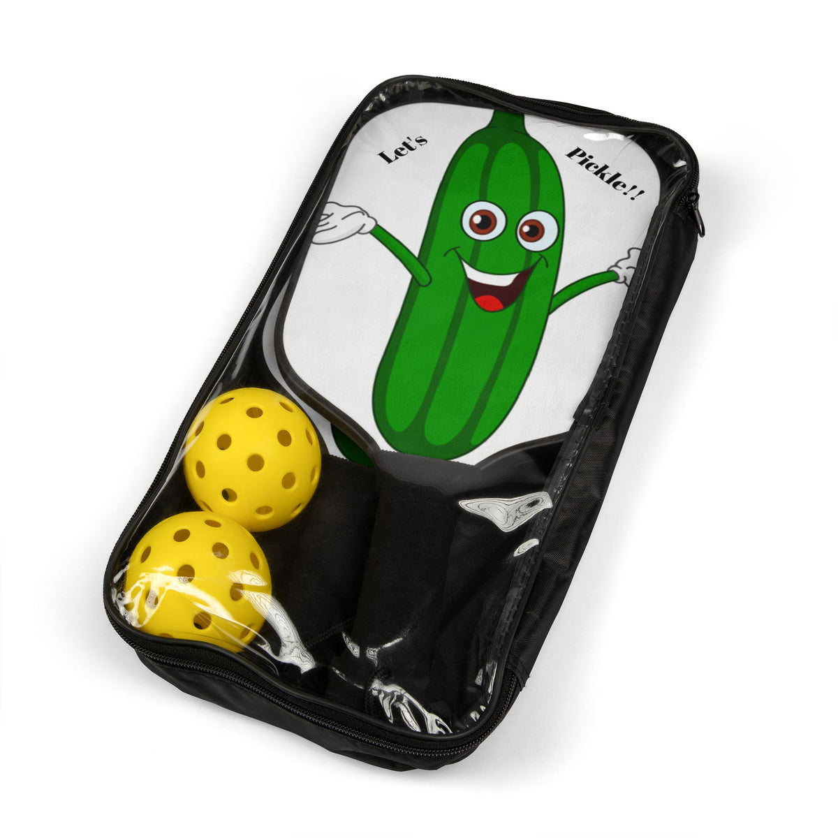 Pickleball Paddle Set — Cute 'Let's Pickle!' Cartoon Pickle Design with 2 Balls