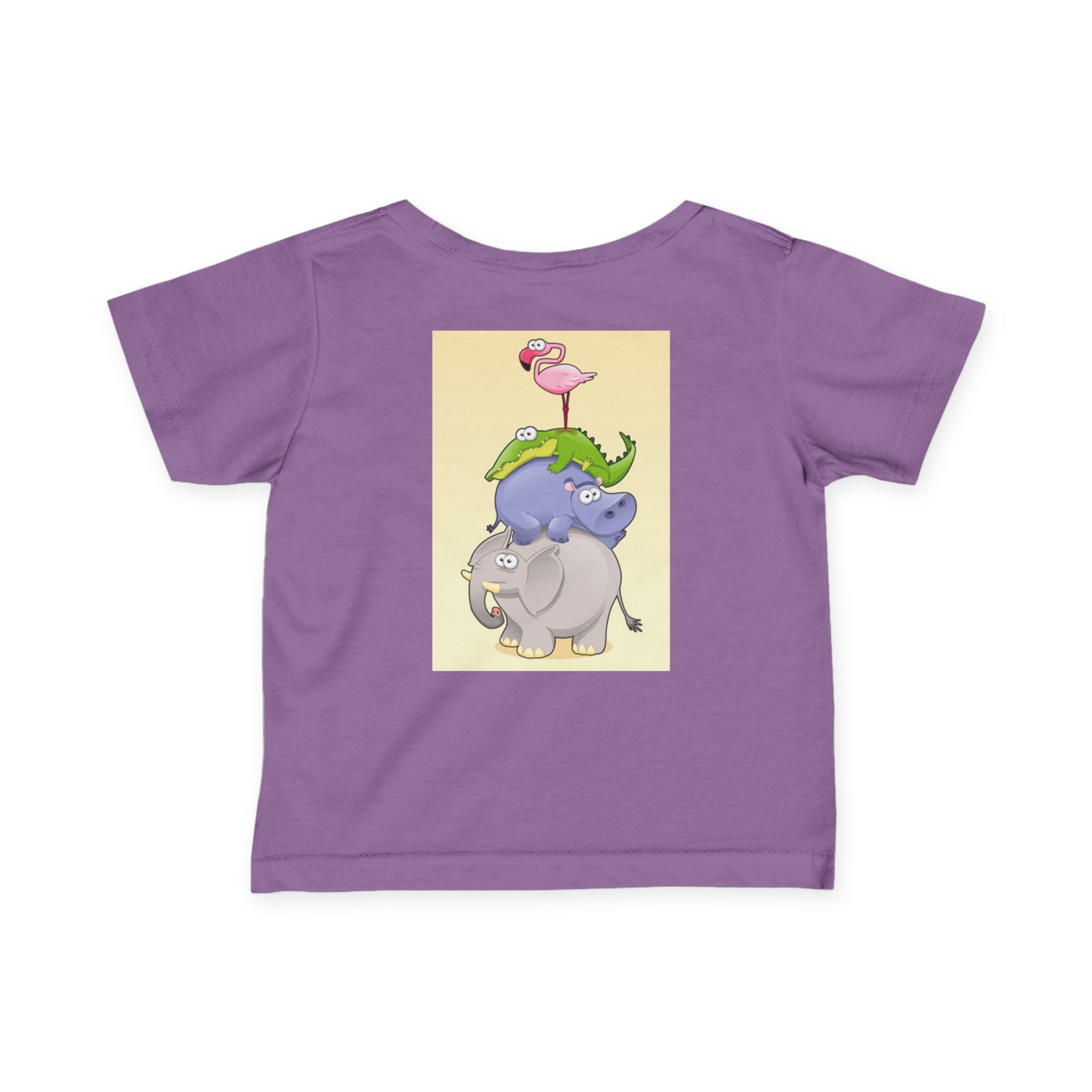 Infant Tee — Cute Stacked Safari Animals Baby Shirt (Elephant, Hippo, Crocodile, Flamingo)