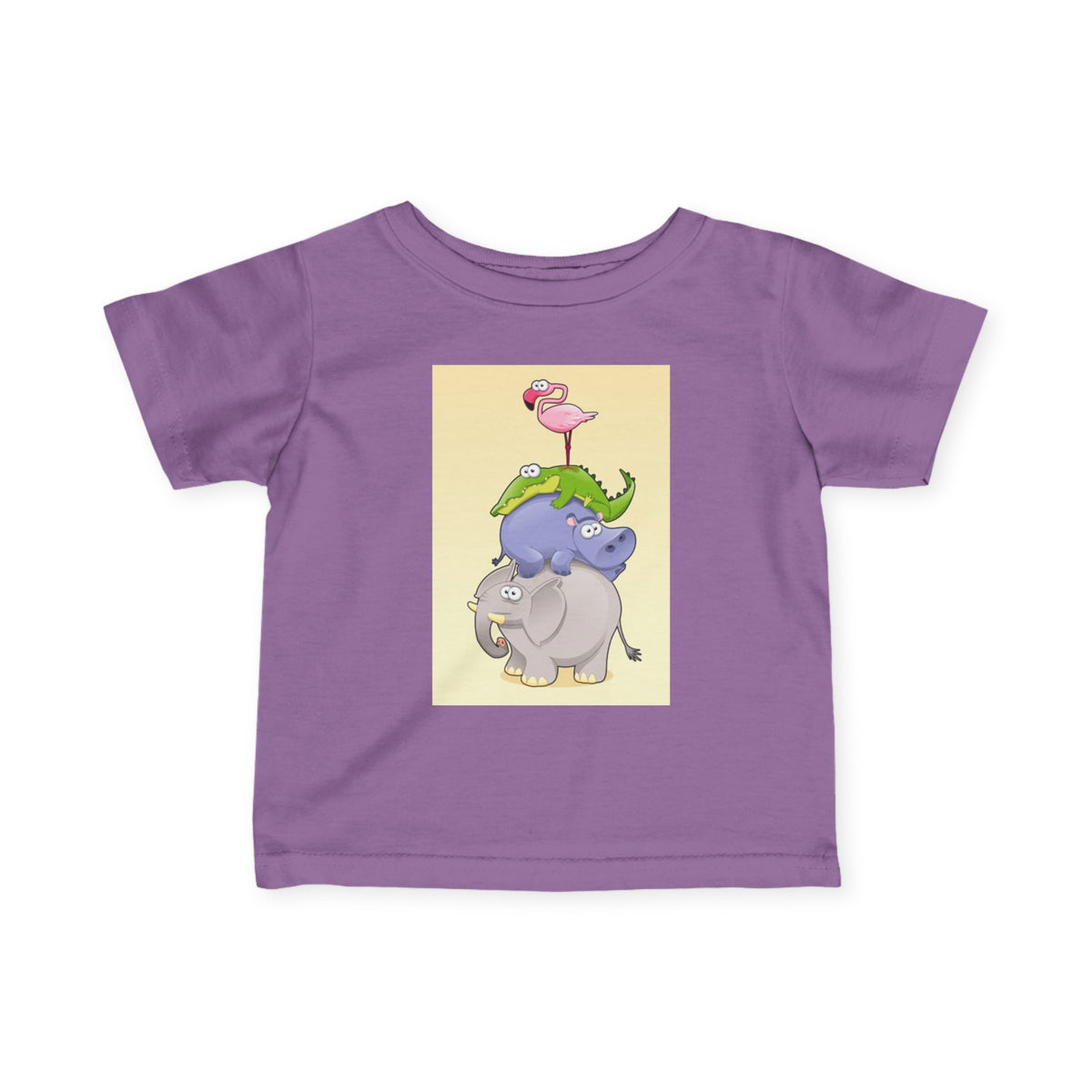 Infant Tee — Cute Stacked Safari Animals Baby Shirt (Elephant, Hippo, Crocodile, Flamingo)