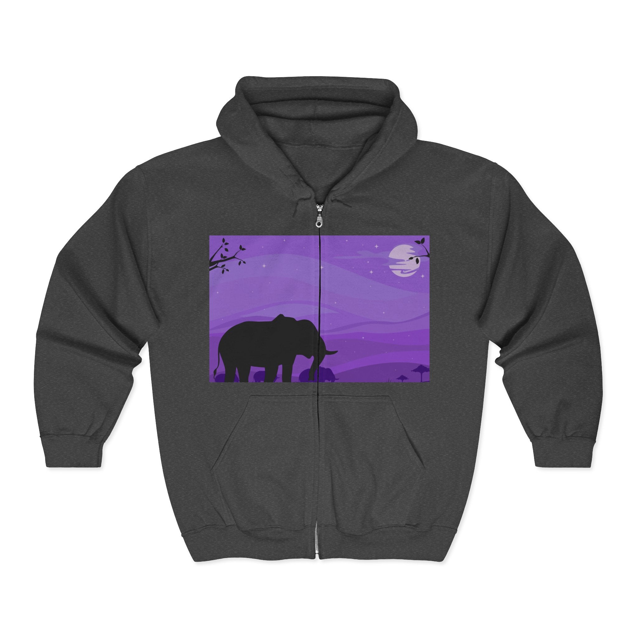 Elephant Sunset Zip Hoodie — Purple Safari Silhouette Full-Zip Sweatshirt