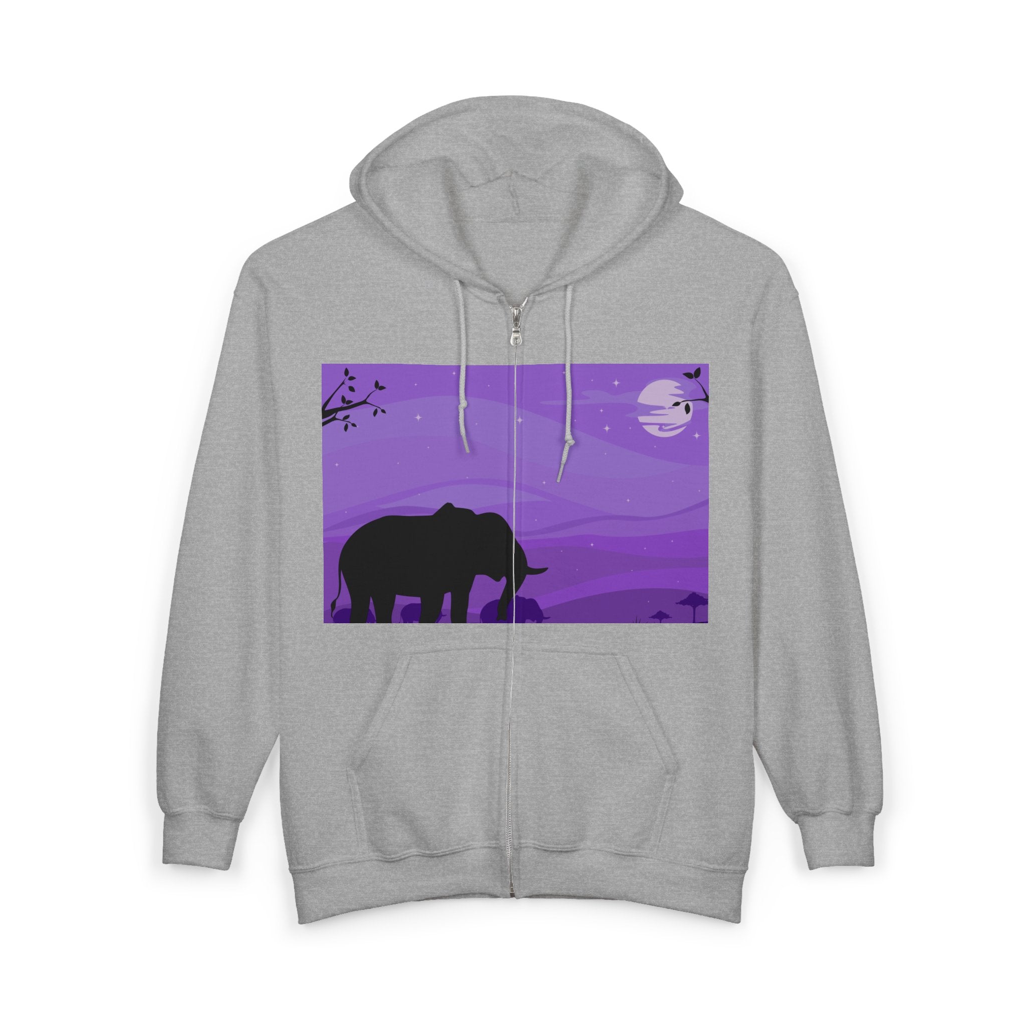 Elephant Sunset Zip Hoodie — Purple Safari Silhouette Full-Zip Sweatshirt