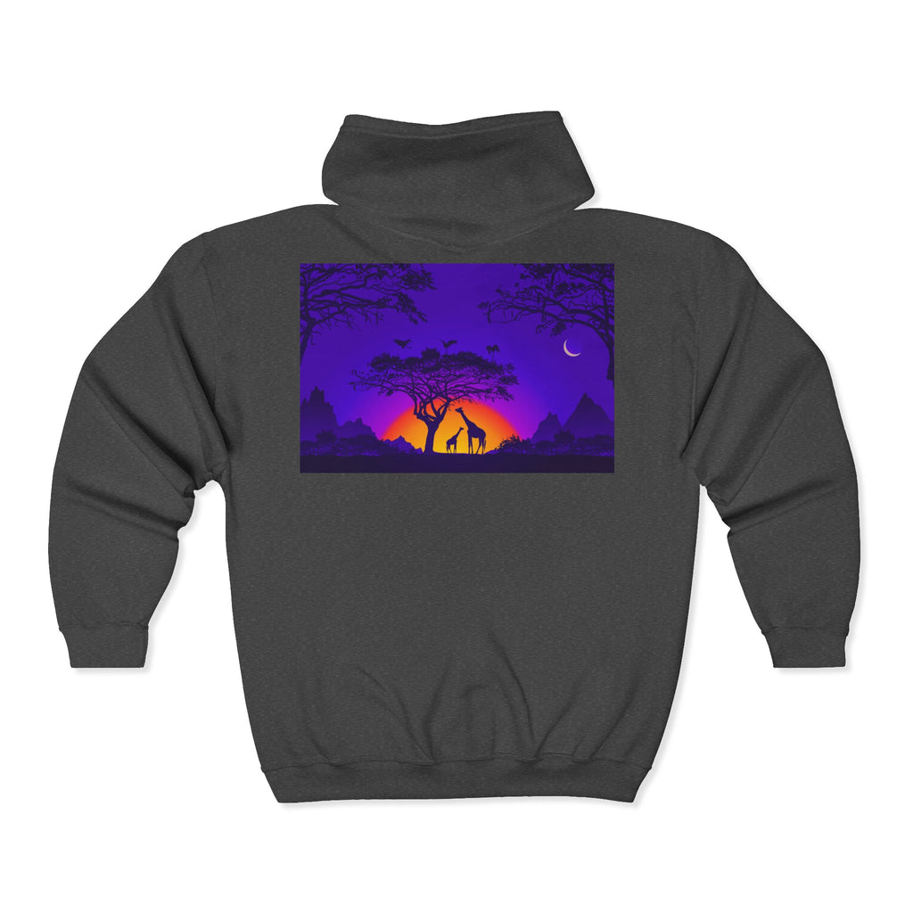 Elephant Sunset Zip Hoodie — Purple Safari Silhouette Full-Zip Sweatshirt
