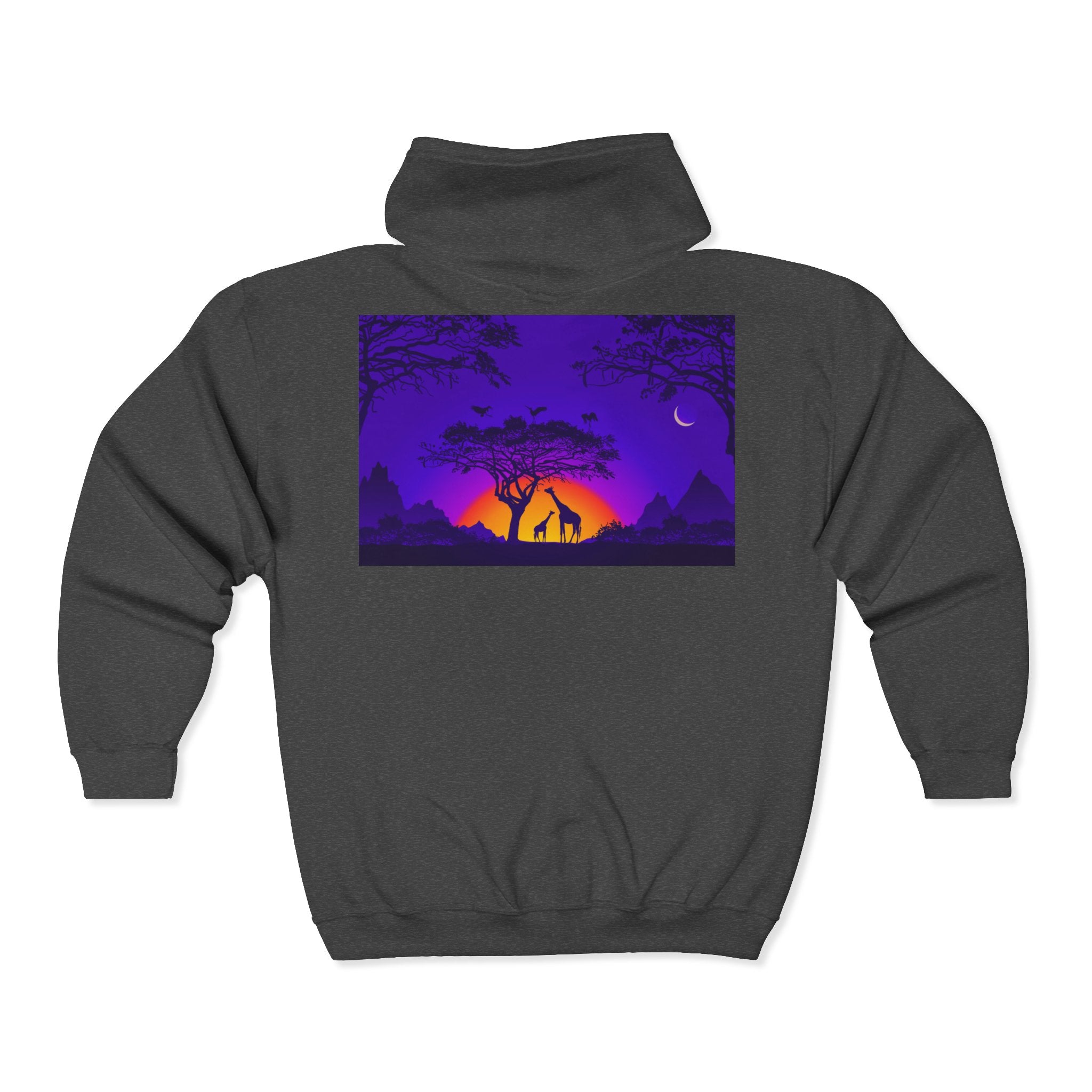 Elephant Sunset Zip Hoodie — Purple Safari Silhouette Full-Zip Sweatshirt