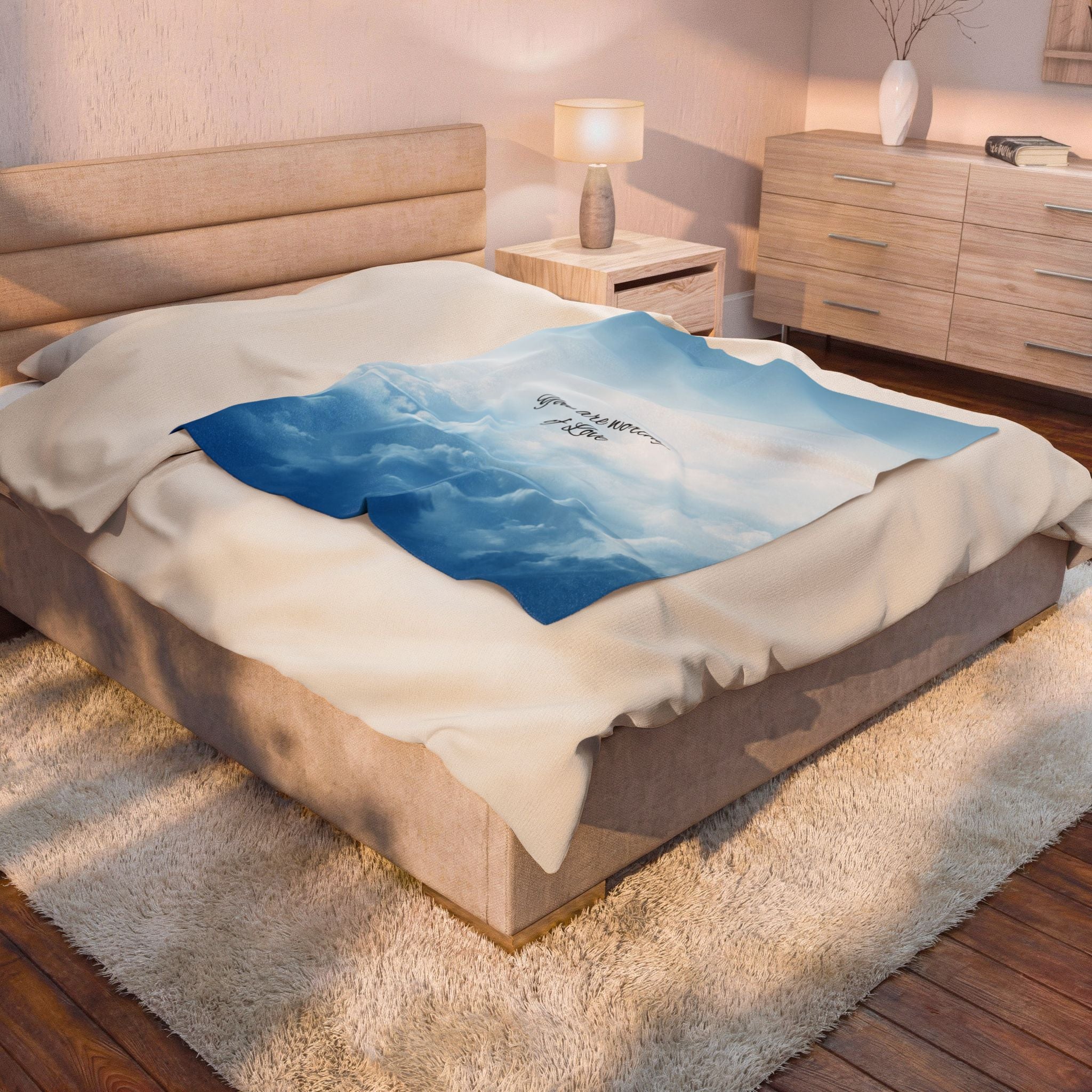 Inspirational Cloud Print Plush Blanket — "You Are Worthy of Love" Velveteen Throw