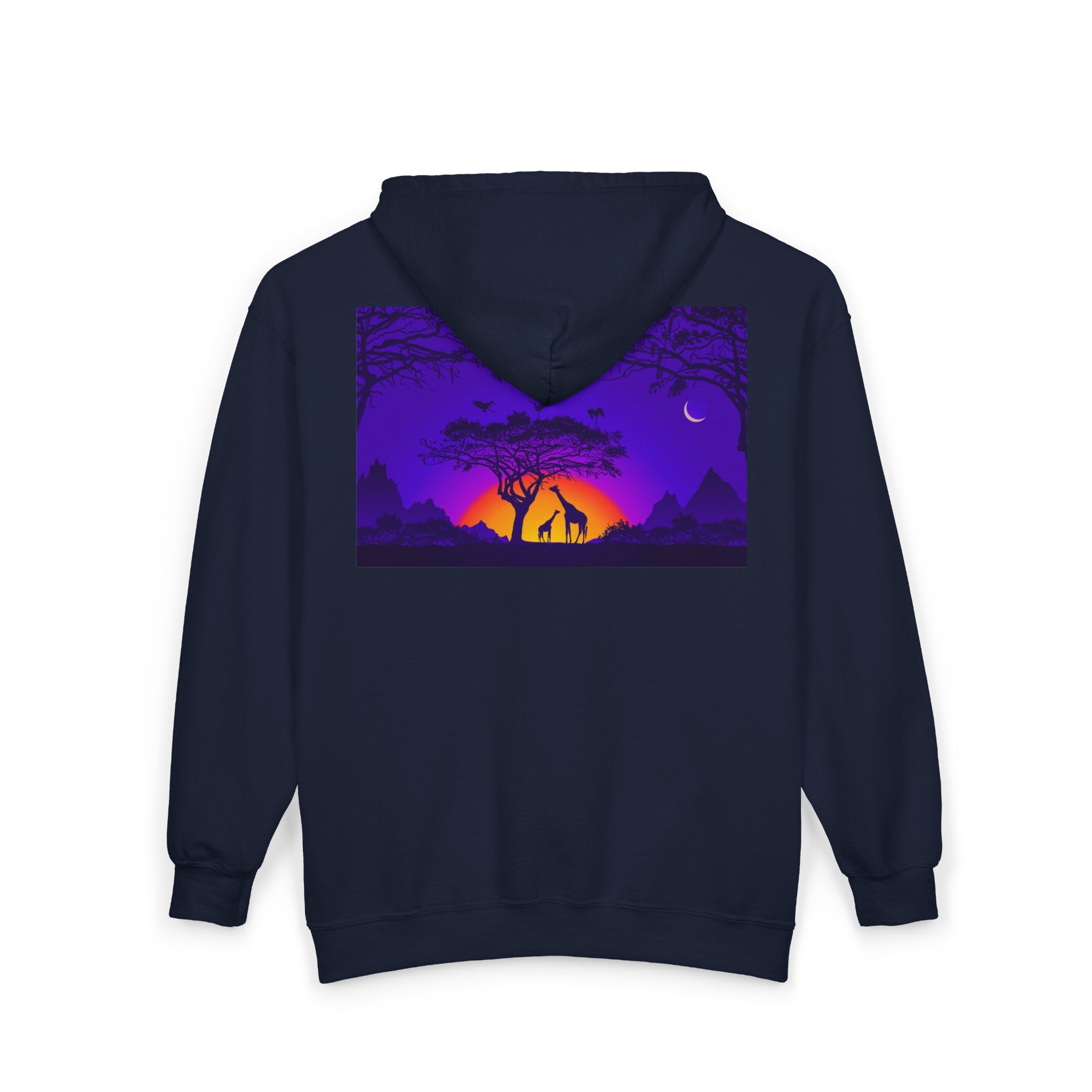 Elephant Sunset Zip Hoodie — Purple Safari Silhouette Full-Zip Sweatshirt