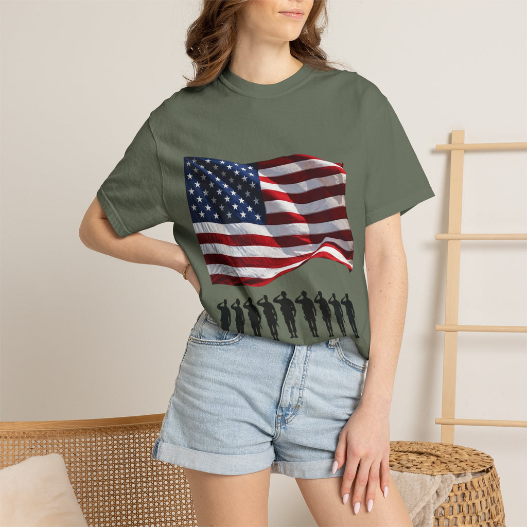 T-Shirt - American Flag with Saluting Soldiers | "Welcome Home!" Military Reunion Tee