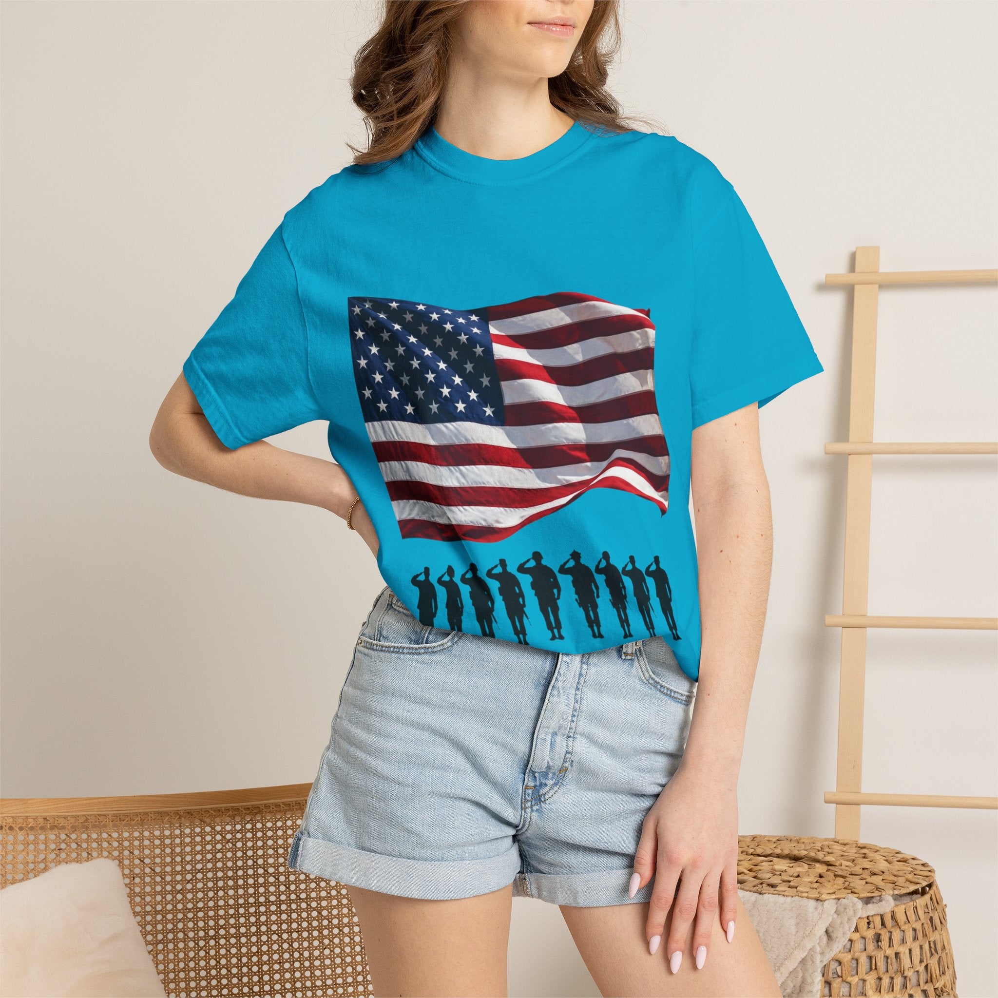 T-Shirt - American Flag with Saluting Soldiers | "Welcome Home!" Military Reunion Tee