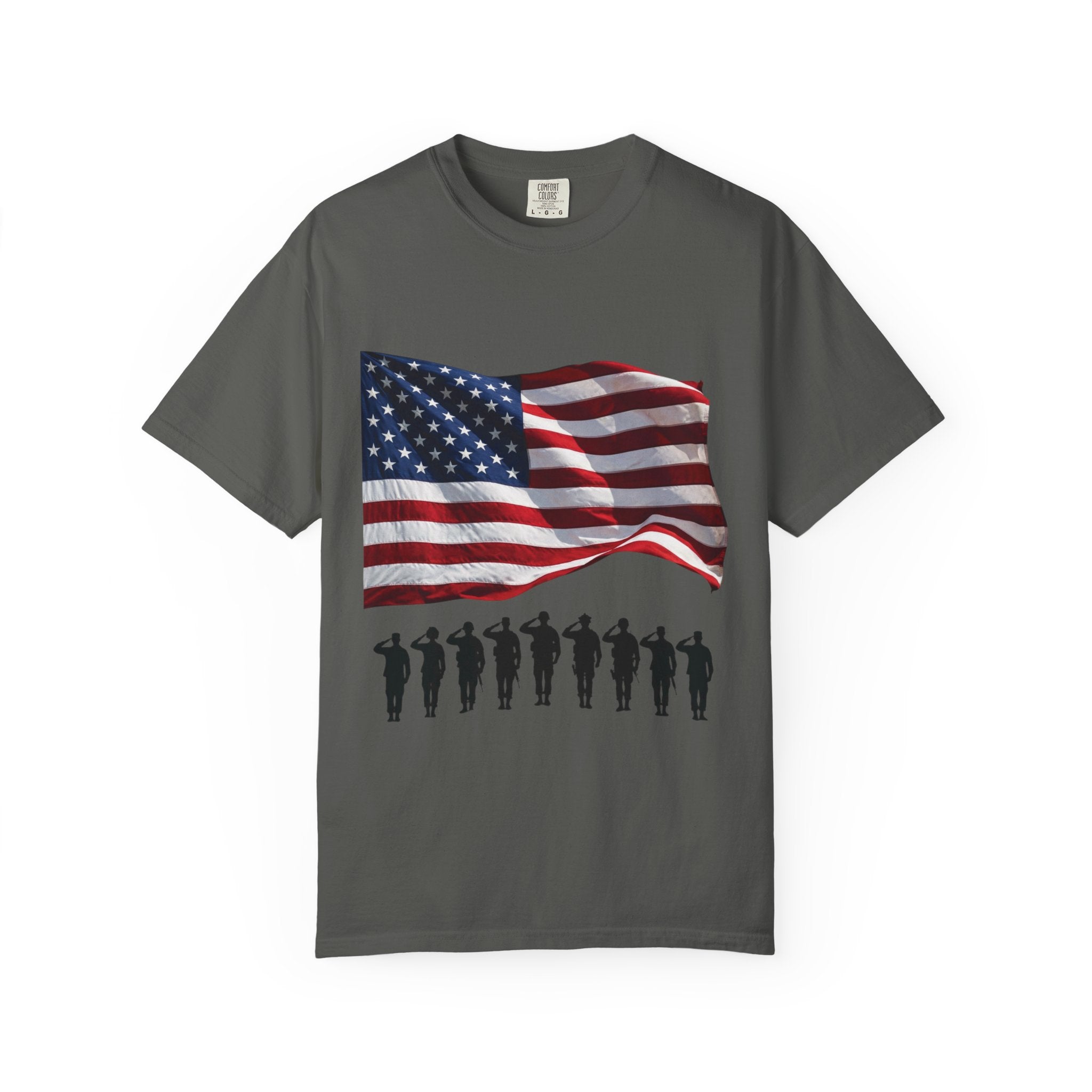 T-Shirt - American Flag with Saluting Soldiers | "Welcome Home!" Military Reunion Tee