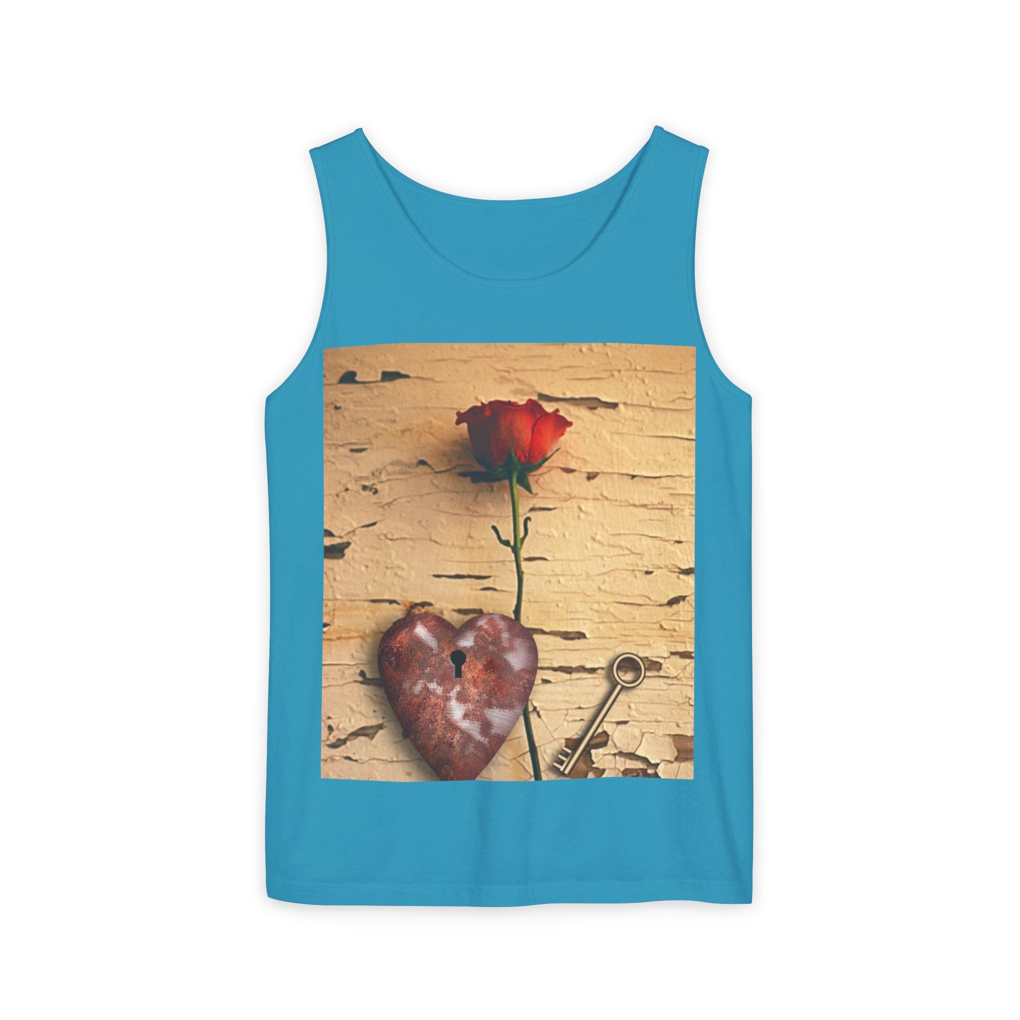 Rose & Heart Key Tank Top — Vintage Romantic Graphic Tank