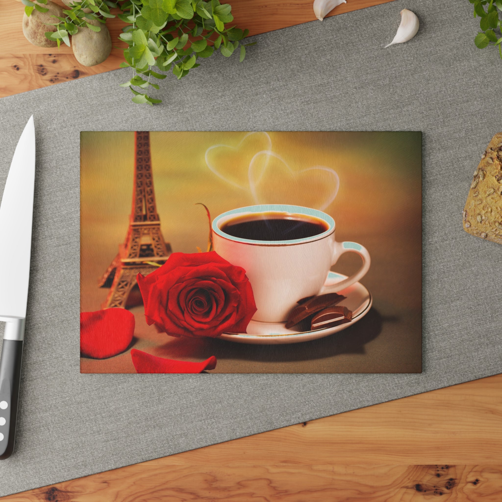 Romantic Paris Coffee Glass Cutting Board — Rose & Eiffel Morning Kitchen Décor
