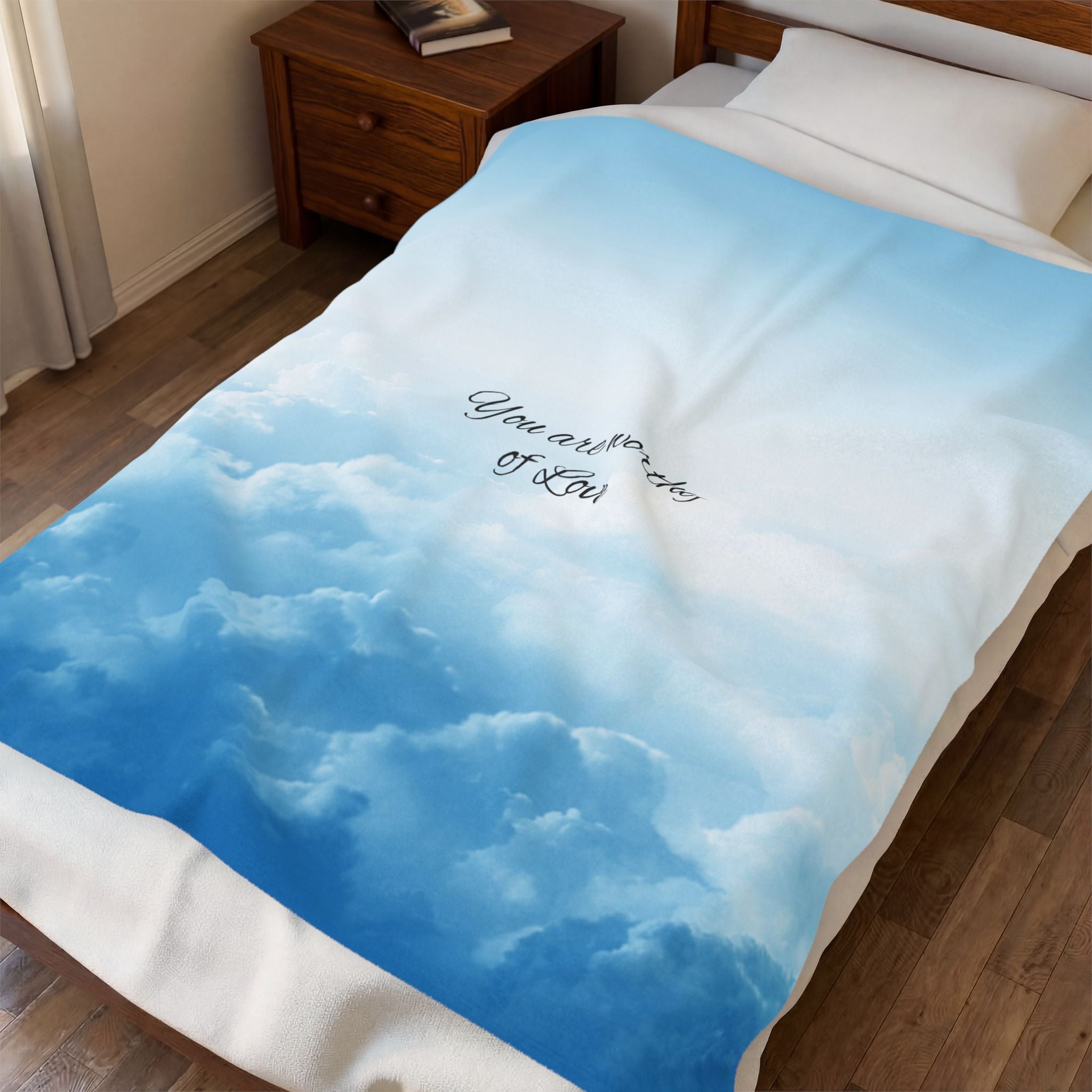 Inspirational Cloud Print Plush Blanket — "You Are Worthy of Love" Velveteen Throw