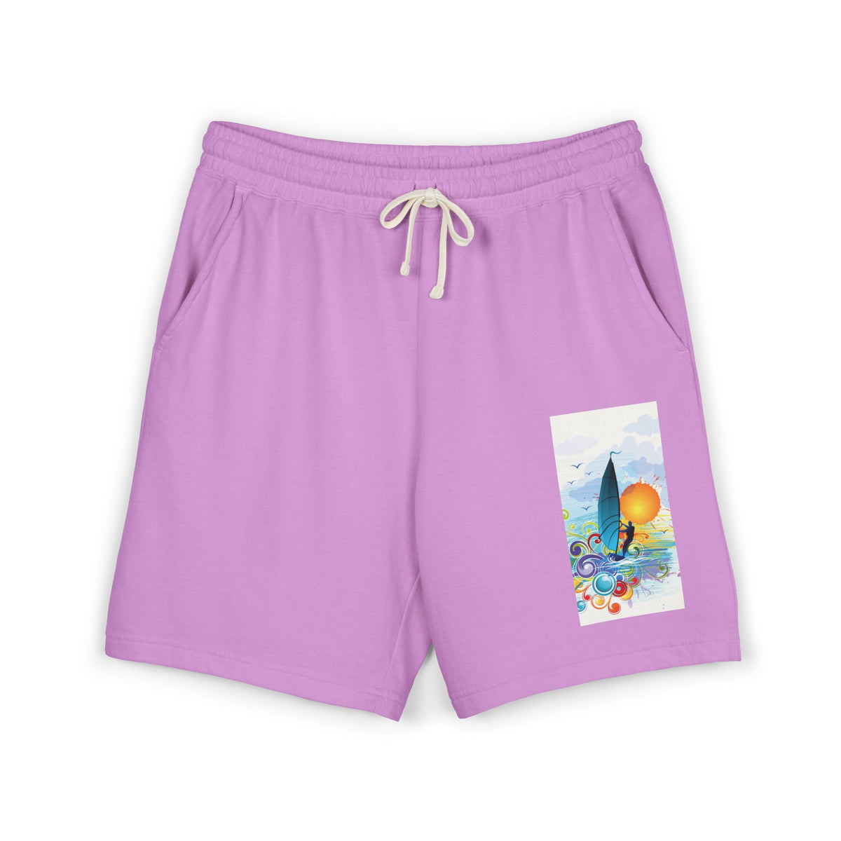 Surf Sunset Sweat Shorts — Lightweight Fleece Beach Graphic Shorts