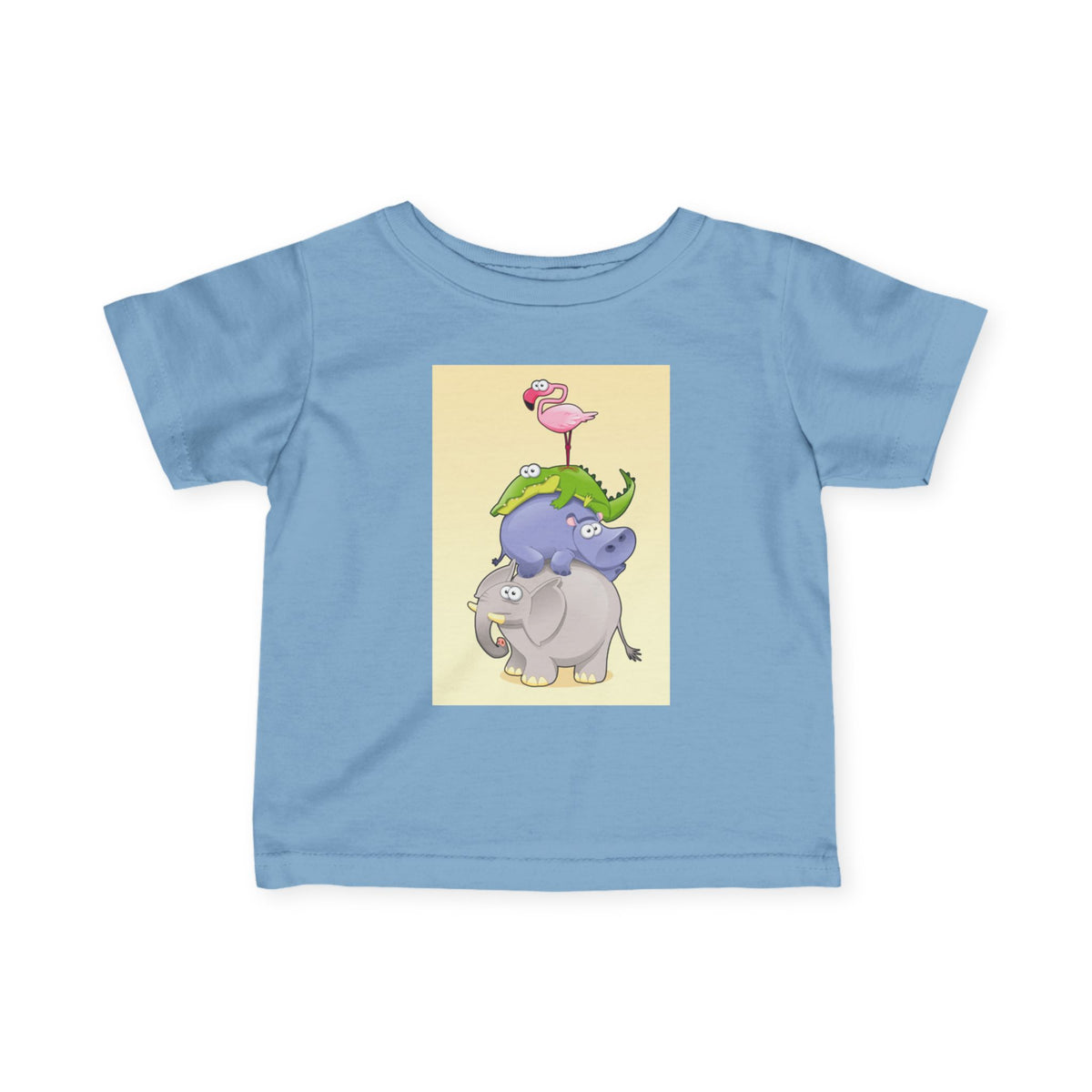 Infant Tee — Cute Stacked Safari Animals Baby Shirt (Elephant, Hippo, Crocodile, Flamingo)