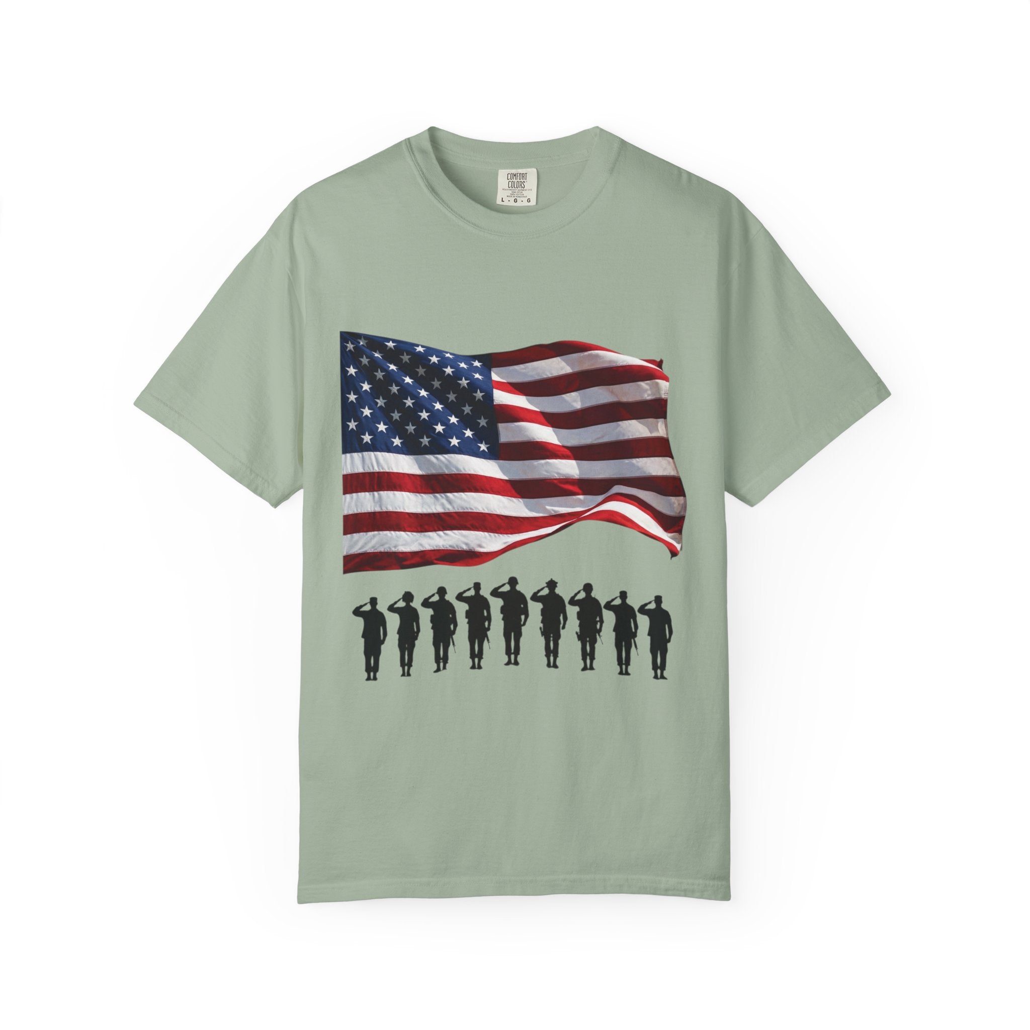 T-Shirt - American Flag with Saluting Soldiers | "Welcome Home!" Military Reunion Tee