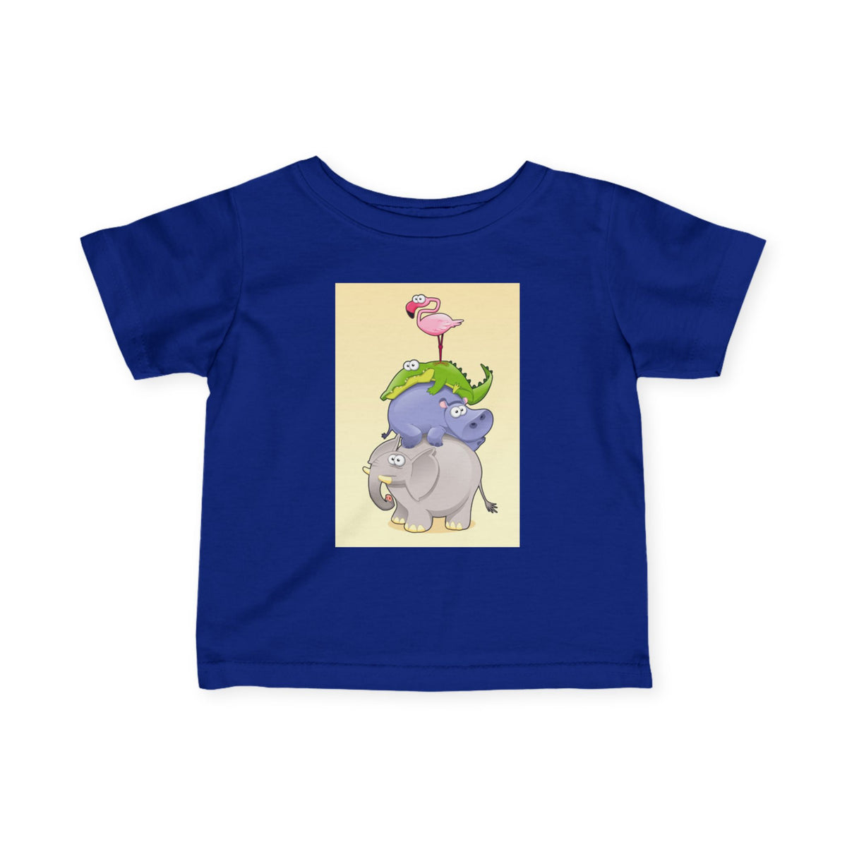 Infant Tee — Cute Stacked Safari Animals Baby Shirt (Elephant, Hippo, Crocodile, Flamingo)