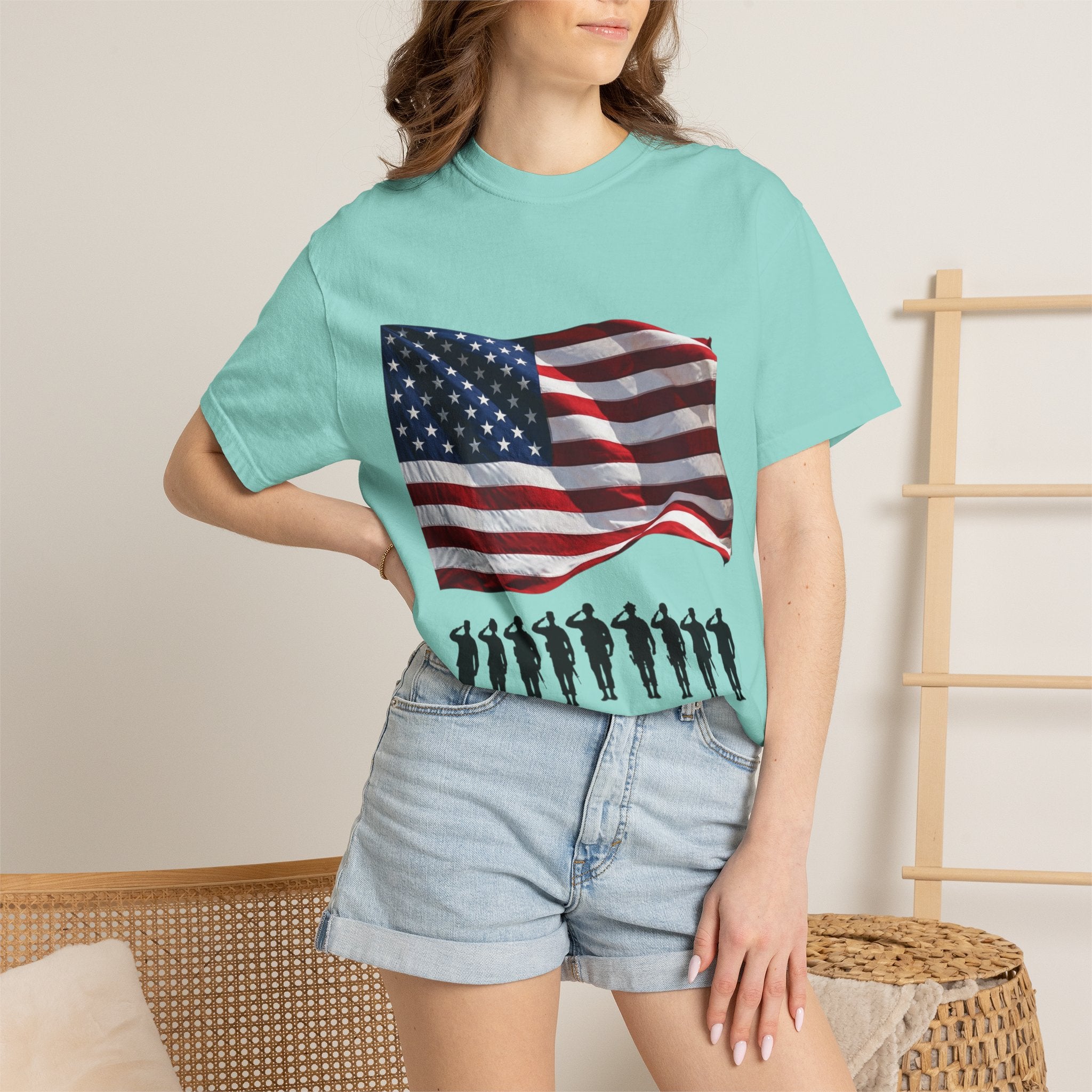 T-Shirt - American Flag with Saluting Soldiers | "Welcome Home!" Military Reunion Tee