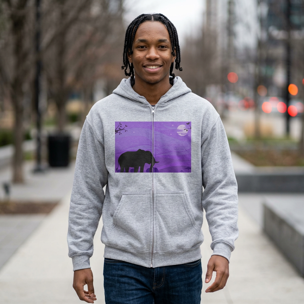Elephant Sunset Zip Hoodie — Purple Safari Silhouette Full-Zip Sweatshirt