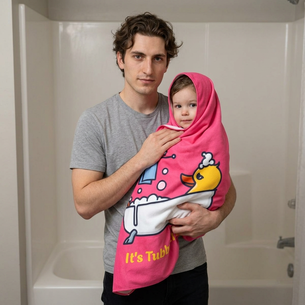 Hooded Baby Towel — Cute Rubber Duck "It's Tubby-Time" Bath Wrap