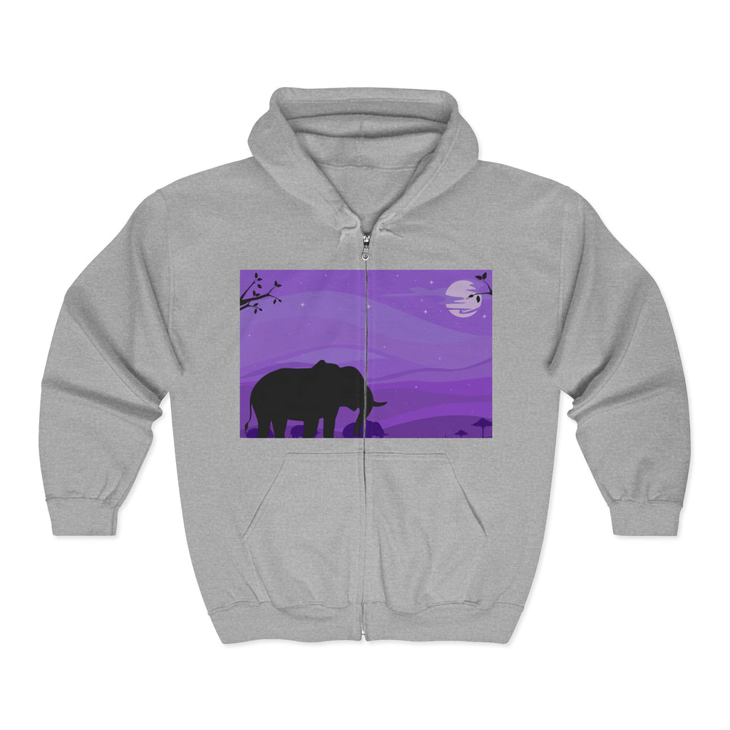 Elephant Sunset Zip Hoodie — Purple Safari Silhouette Full-Zip Sweatshirt