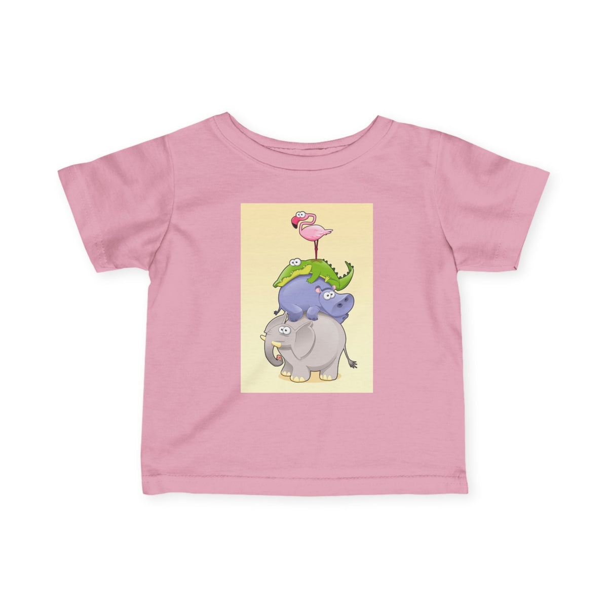 Infant Tee — Cute Stacked Safari Animals Baby Shirt (Elephant, Hippo, Crocodile, Flamingo)