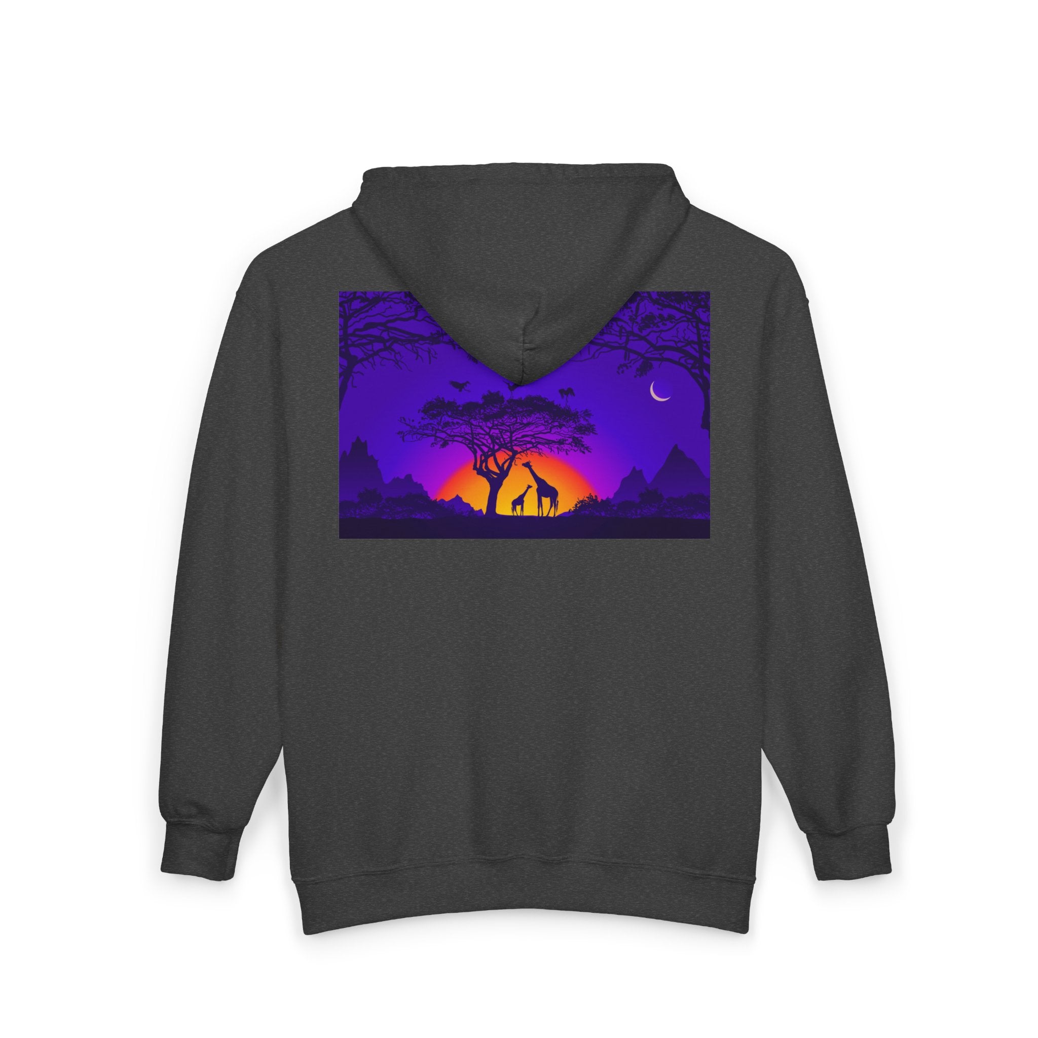 Elephant Sunset Zip Hoodie — Purple Safari Silhouette Full-Zip Sweatshirt
