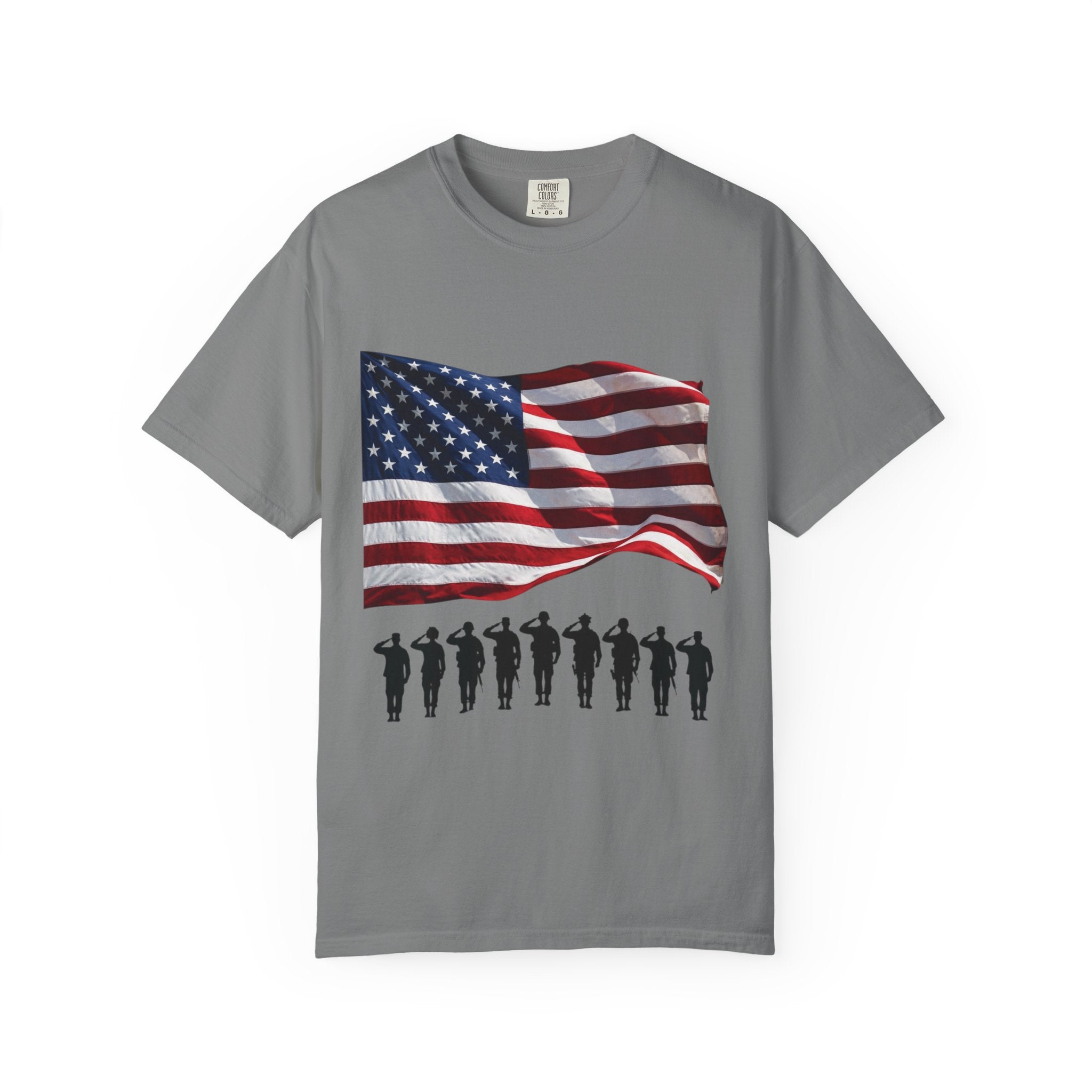 T-Shirt - American Flag with Saluting Soldiers | "Welcome Home!" Military Reunion Tee
