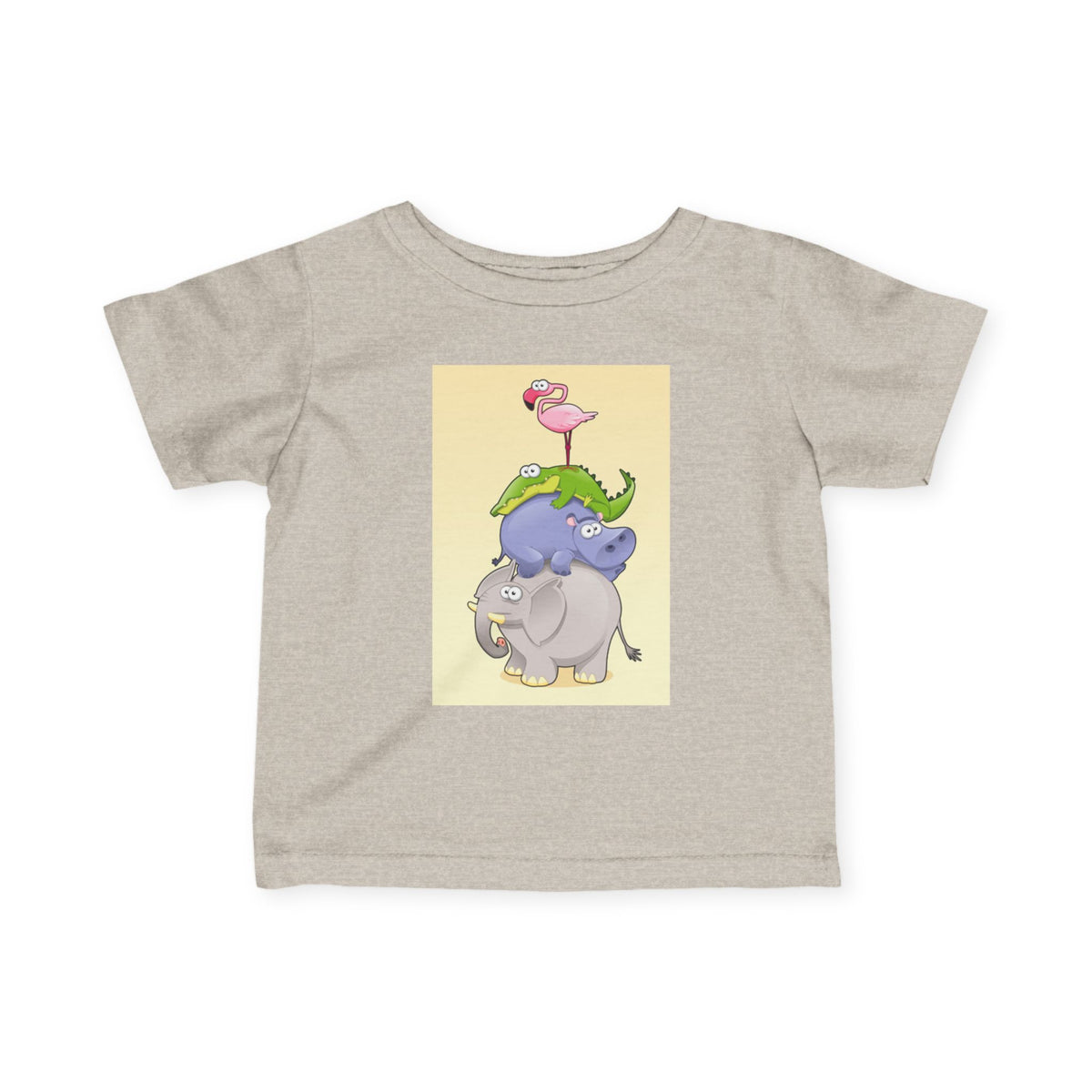 Infant Tee — Cute Stacked Safari Animals Baby Shirt (Elephant, Hippo, Crocodile, Flamingo)
