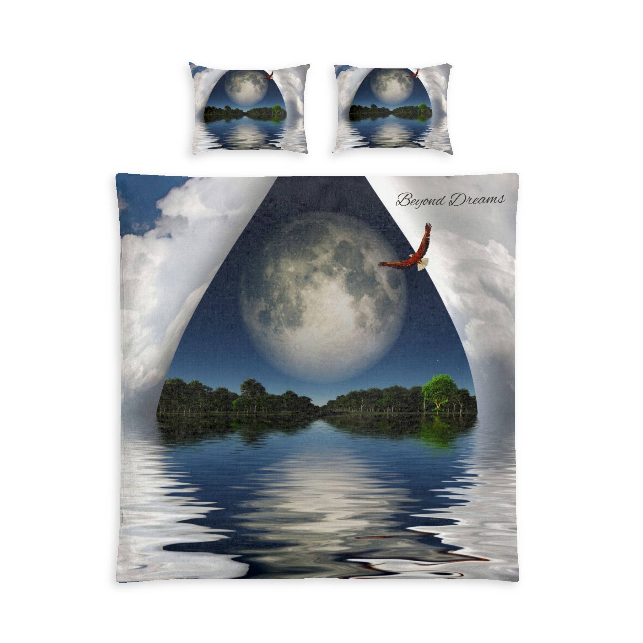 Moonlit Lake Cotton Bed Set – Surreal Night Sky Duvet Cover with Reflective Water