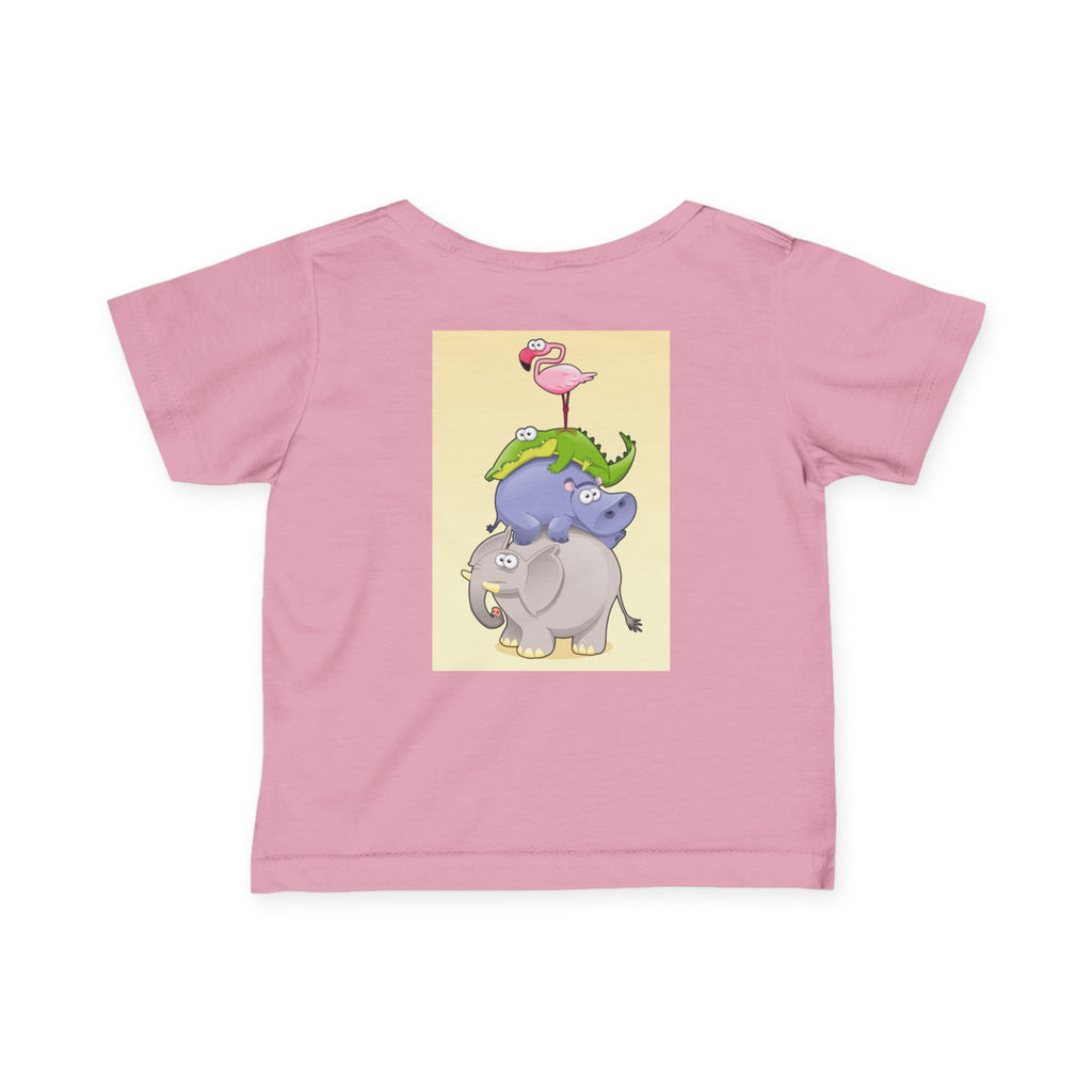 Infant Tee — Cute Stacked Safari Animals Baby Shirt (Elephant, Hippo, Crocodile, Flamingo)